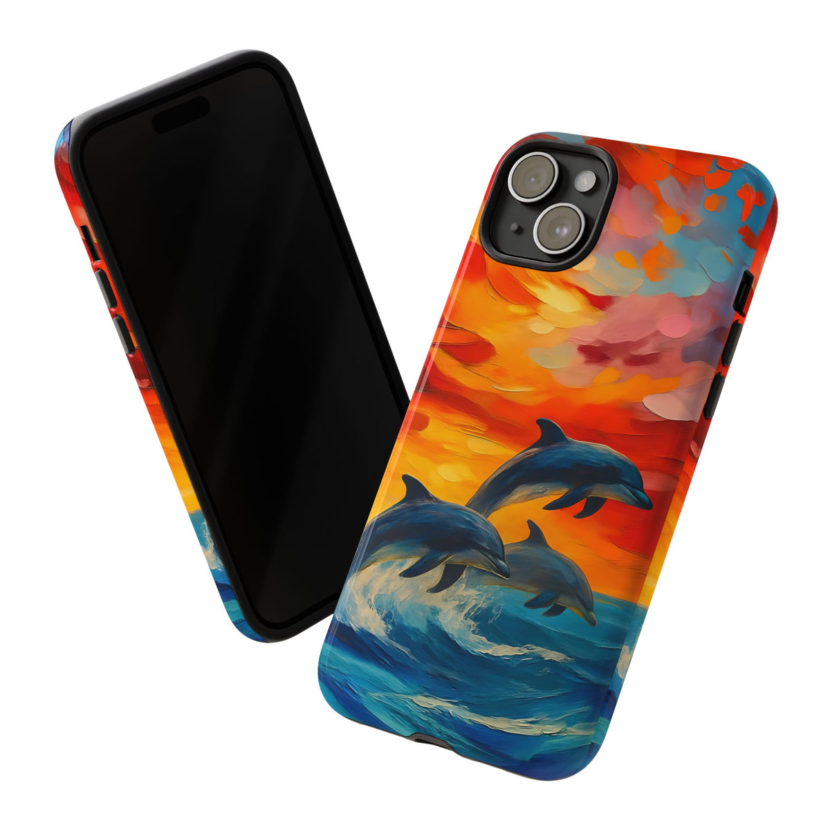 Ocean Scenery Tough Phone Case, Dolphin Phone Cover, Oil Painting, Sunset Sea Life Compatible with iPhone, Galaxy, Google