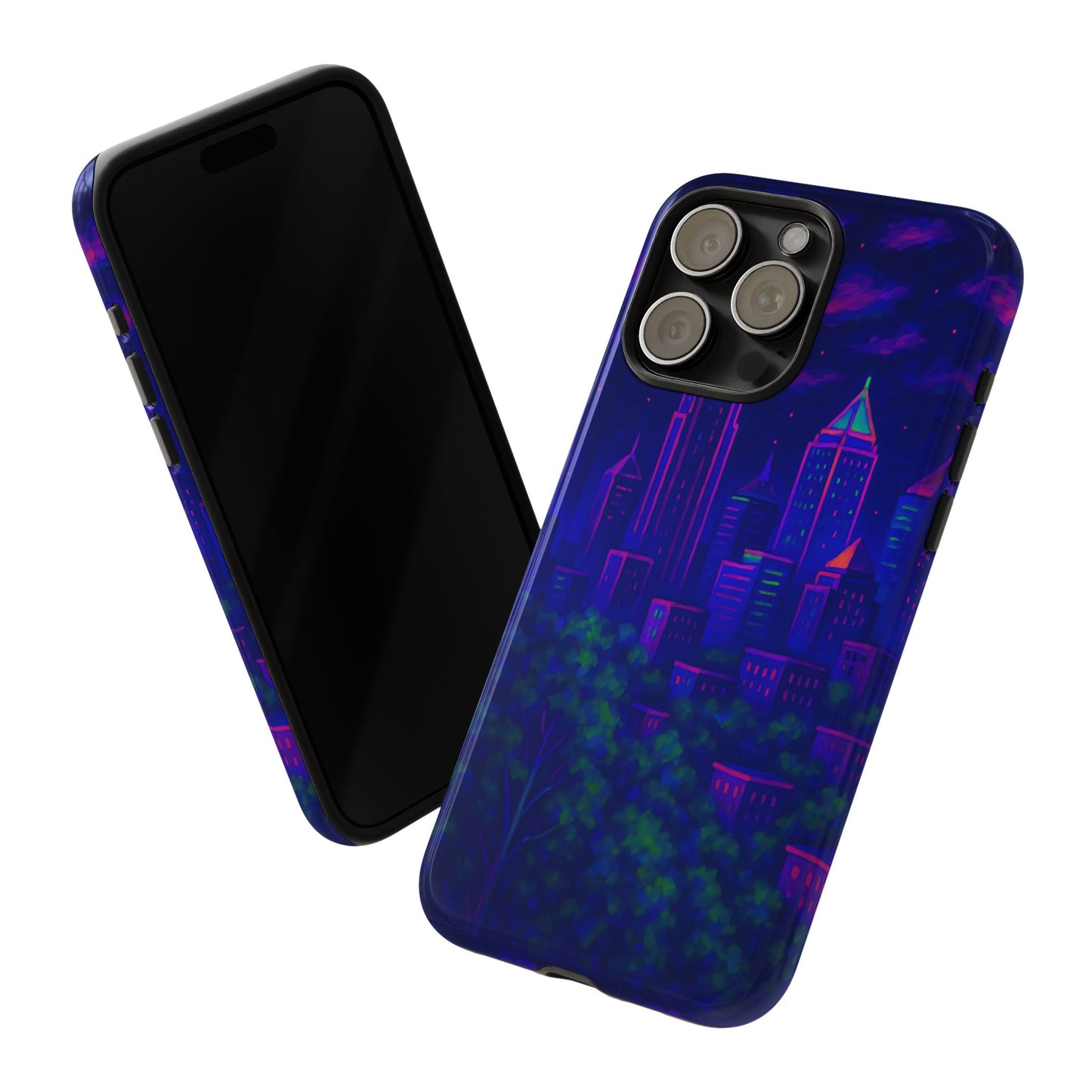 Cityscape Tough Phone Case, Atlanta Skyline Phone Cover, Neon Night Design Compatible with iPhone, Galaxy & Google