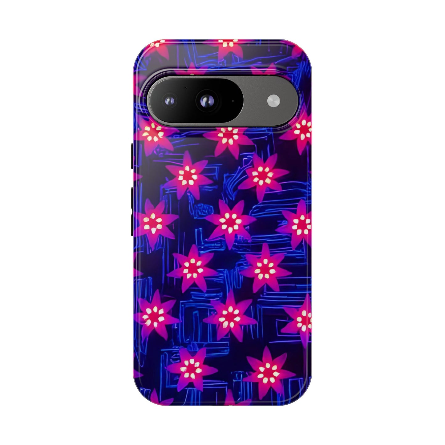 Neon Flower Tough Phone Case - Trippy Dark Floral Art, Electric Glow Aesthetic, Compatible with iPhone, Galaxy, and Google Phones