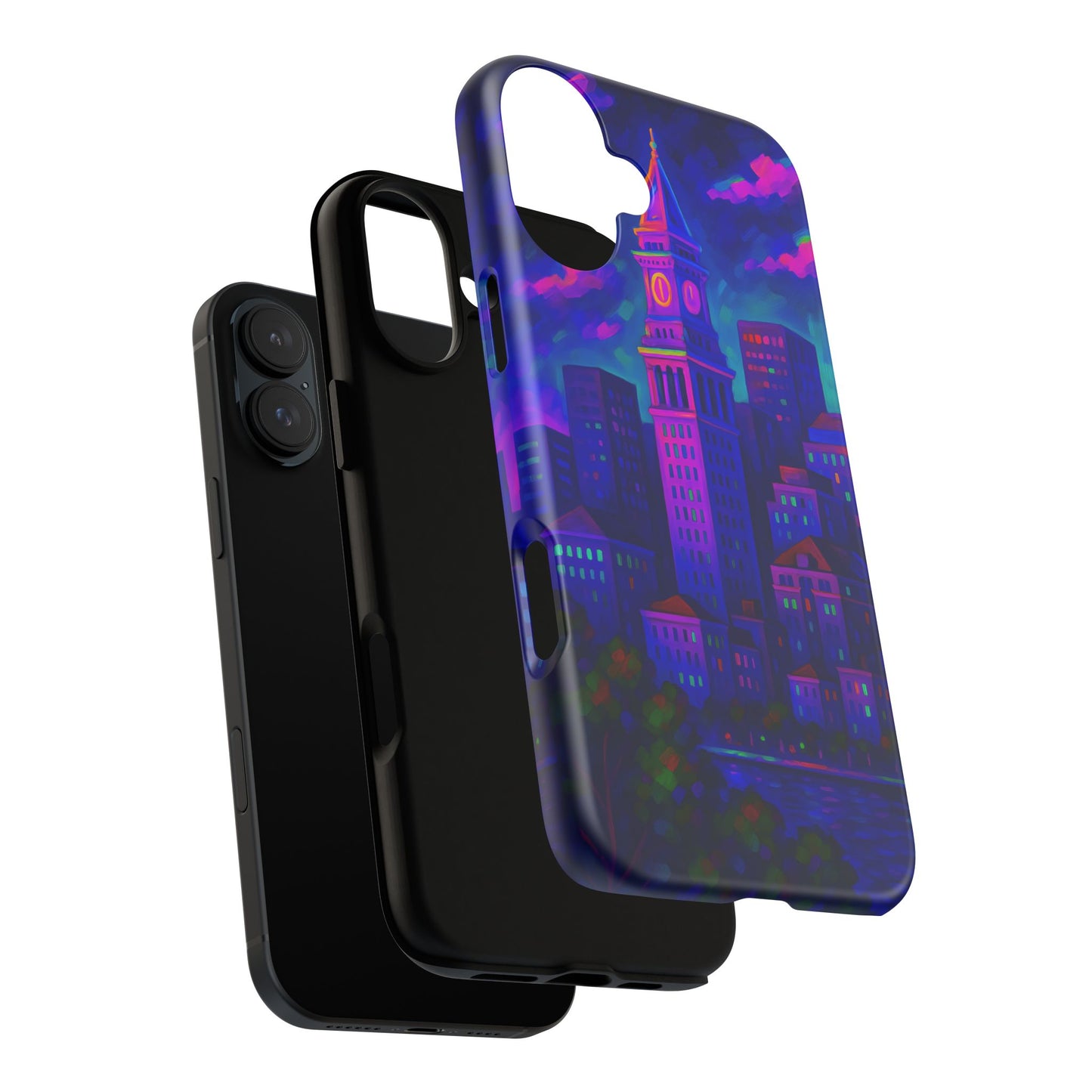 Boston Cityscape Tough Phone Case, Neon Night Skyline, Sunset Tower View Watercolor Urban Art, Compatible with iPhone, Galaxy, Google Phones