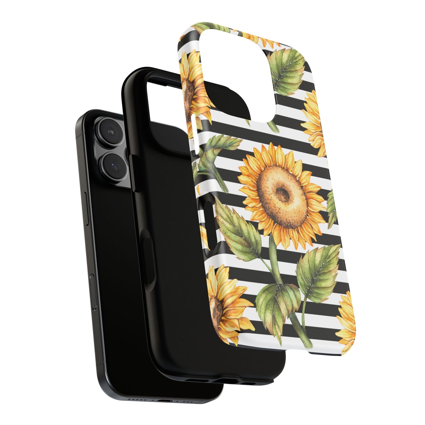 Sunflower Tough Phone Case - Bold Yellow Floral Art, Black and White Striped Aesthetic, Compatible with iPhone, Galaxy, and Google Phones