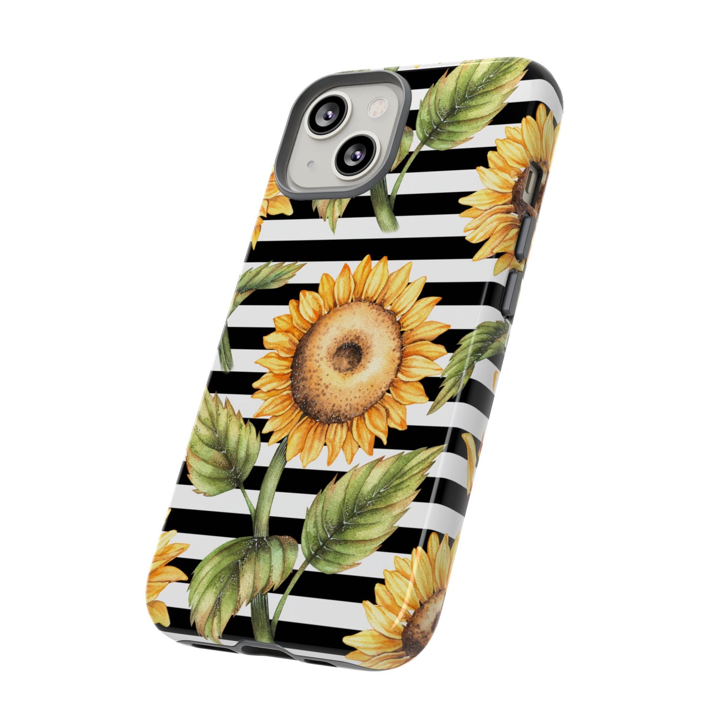 Sunflower Tough Phone Case - Bold Yellow Floral Art, Black and White Striped Aesthetic, Compatible with iPhone, Galaxy, and Google Phones