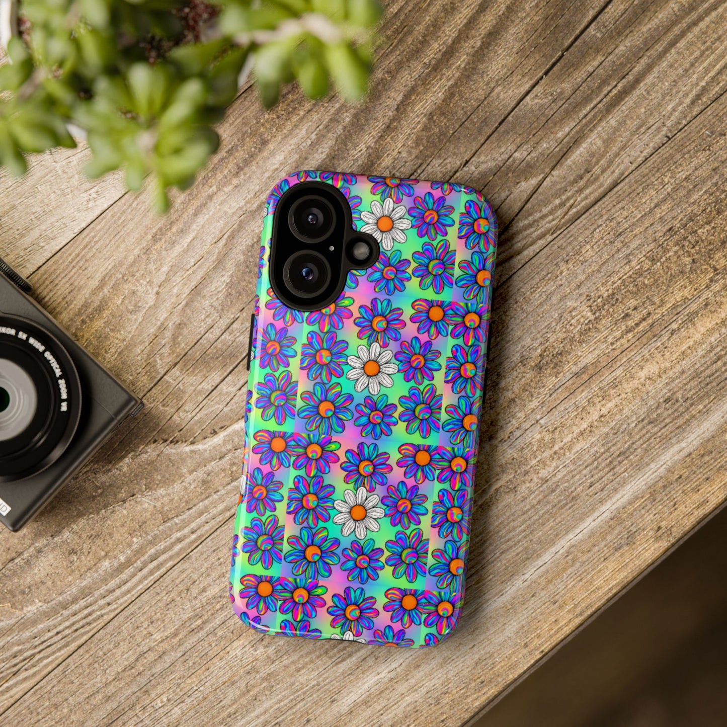 Trippy Daisy Tough Phone Case - Psychedelic Floral Aesthetic, Colorful Groovy Design, Compatible with iPhone, Galaxy, and Google Phones
