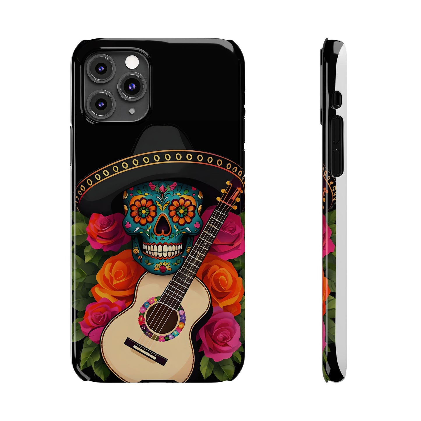Mariachi Skull Slim Phone Case, Colorful Folk Aesthetic, Halloween Floral Skull Design, Gift for Mexican Culture Lovers
