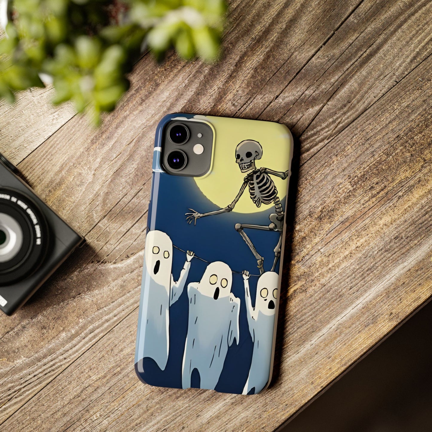 Jumping Skeleton Slim Phone Case - Halloween Aesthetic, Creepy Cute Ghost Cartoon Style, Compatible with iPhone, Galaxy, and Google Phones