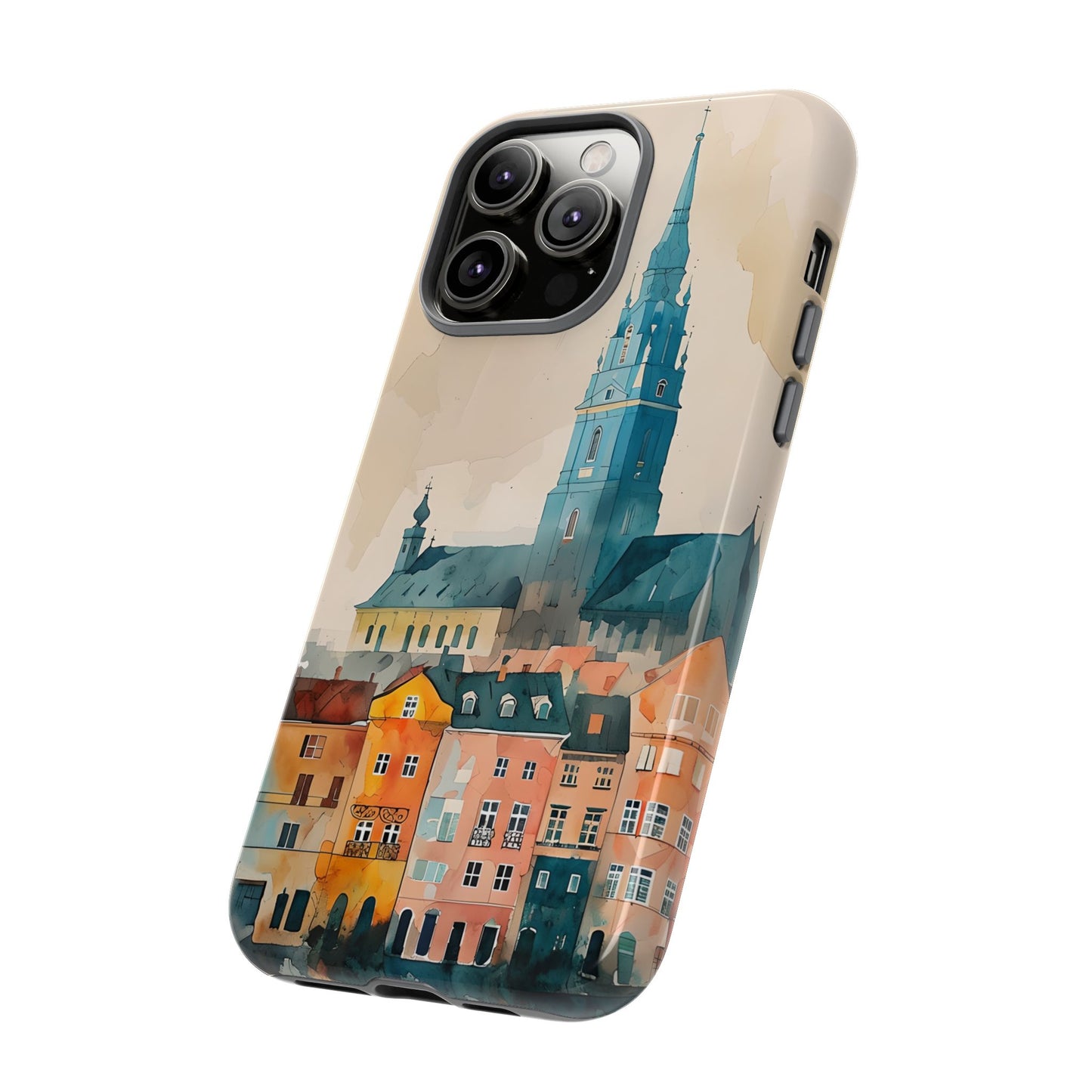 Cityscape Tough Phone Case, Riga Latvia Skyline Art, Watercolor Day Design Compatible with iPhone, Galaxy, and Google