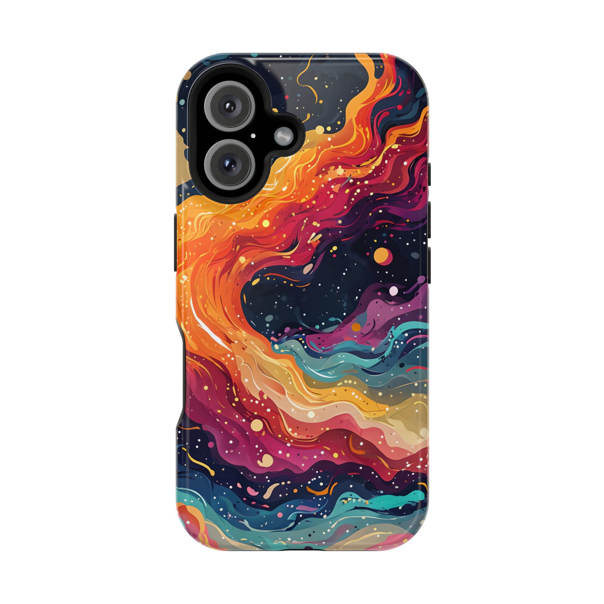 This galaxy swirl magnetic phone case uses a deep space backdrop layered with colorful, flowing lines. The swirling composition of warm and cool tones creates a dreamy space aesthetic for everyday use.