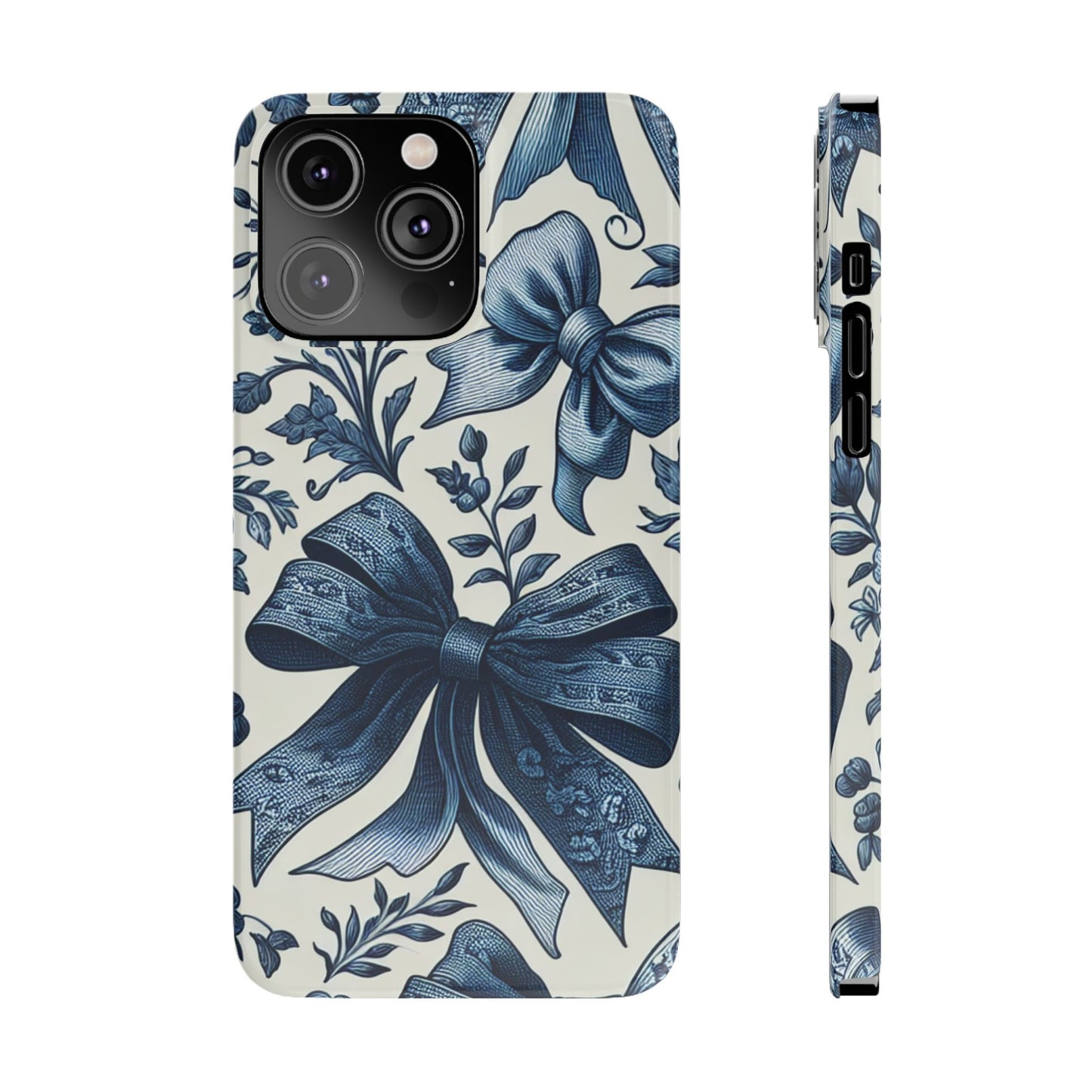 Elegant Floral Bow Slim Phone Case, Blue Flower Phone Cover, Gift for Her, Stylish Tech Accessory, Wedding Gift, Floral Design