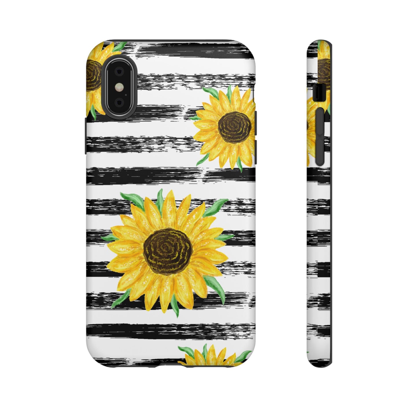 Sunflower Tough Phone Case - Bright Yellow Floral Art, Black and White Striped Aesthetic, Compatible with iPhone, Galaxy, and Google Phones