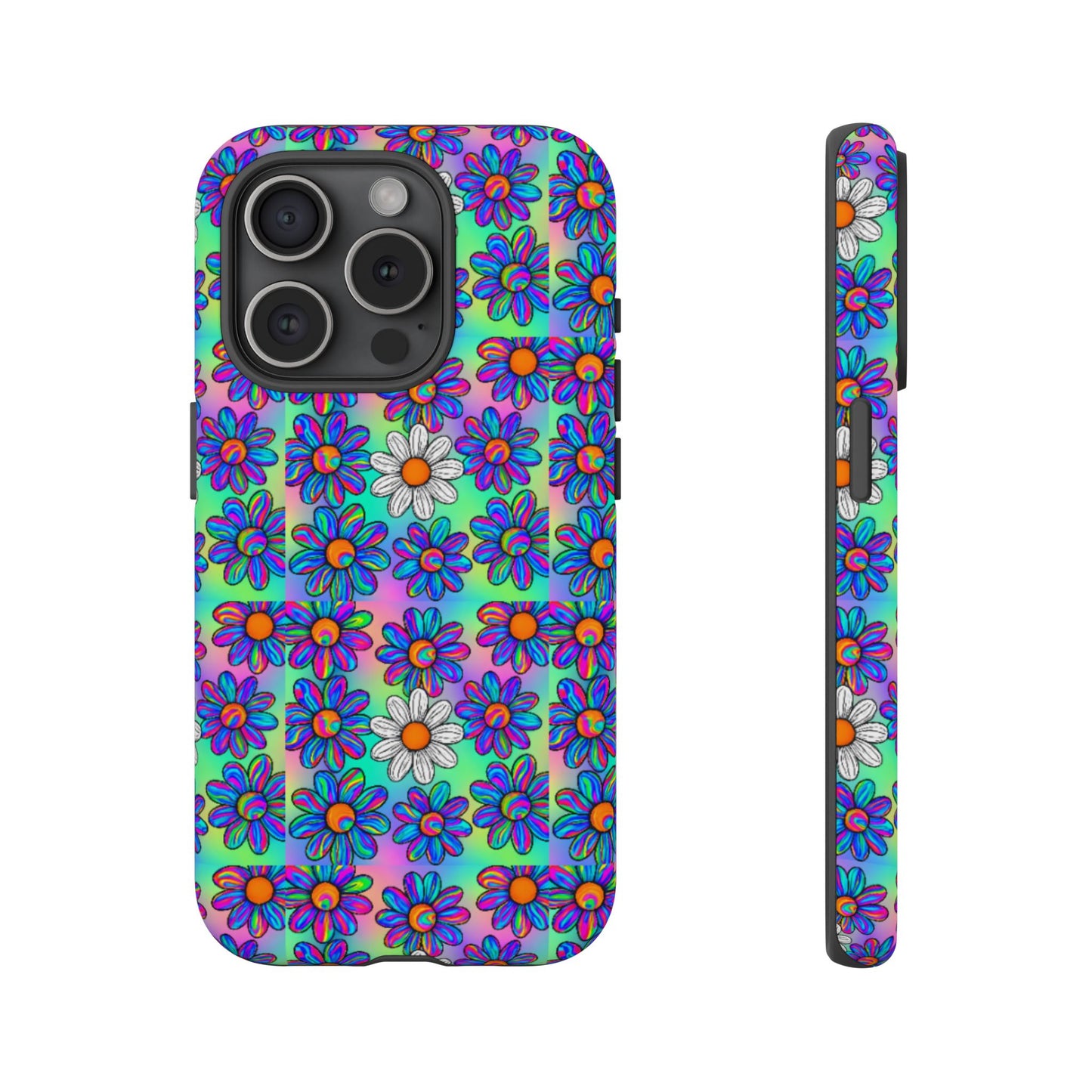 Trippy Daisy Tough Phone Case - Psychedelic Floral Aesthetic, Colorful Groovy Design, Compatible with iPhone, Galaxy, and Google Phones