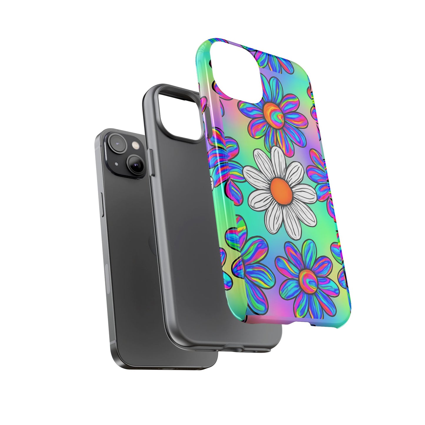 Trippy Daisy Tough Phone Case - Psychedelic Floral Design, Colorful Retro Aesthetic, Compatible with iPhone, Galaxy, and Google Phones