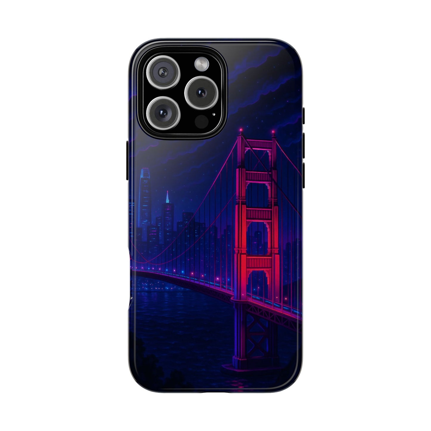 Cityscape Tough Phone Case, San Francisco Skyline Phone Cover, Neon Night Design Compatible with iPhone, Galaxy & Google