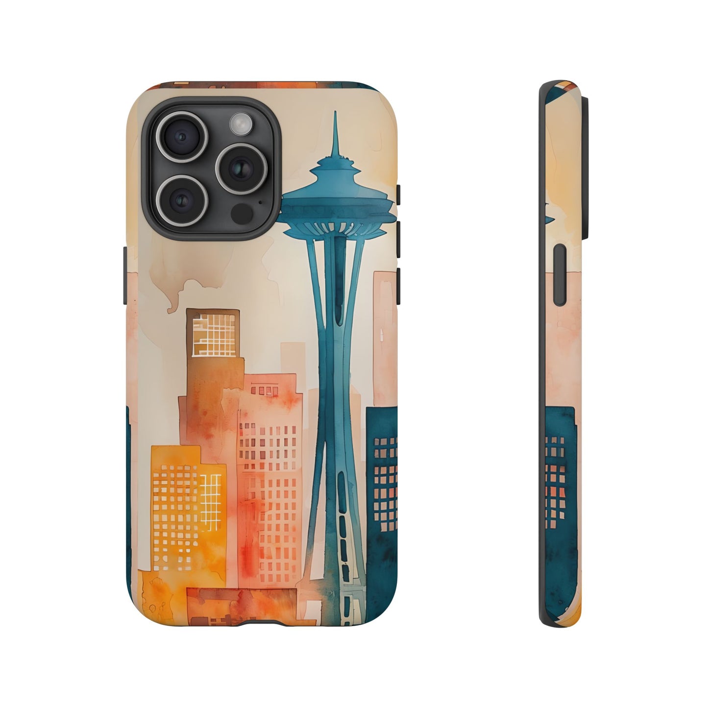 Seattle Cityscape Phone Case - Urban Skyline Art Tough Case, Watercolor City Aesthetic, Compatible with iPhone, Galaxy, Google Phones