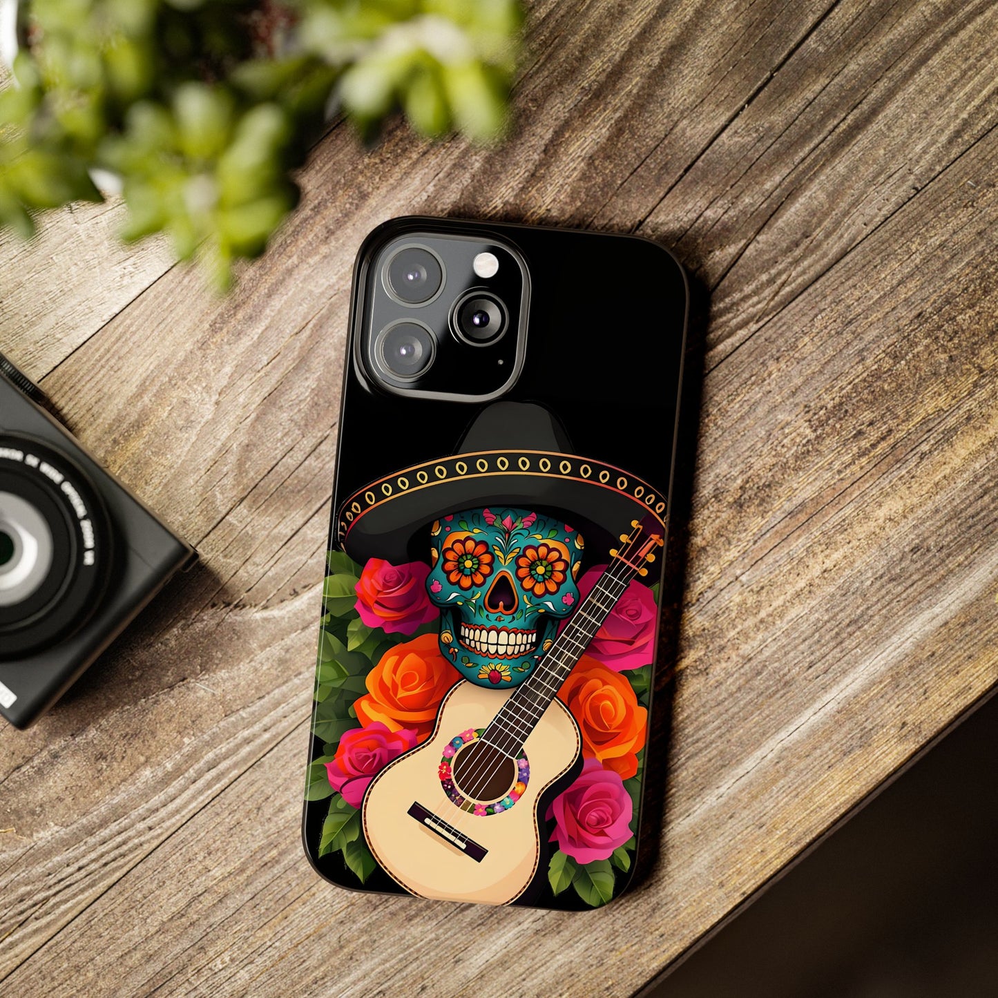 Mariachi Skull Slim Phone Case, Colorful Folk Aesthetic, Halloween Floral Skull Design, Gift for Mexican Culture Lovers