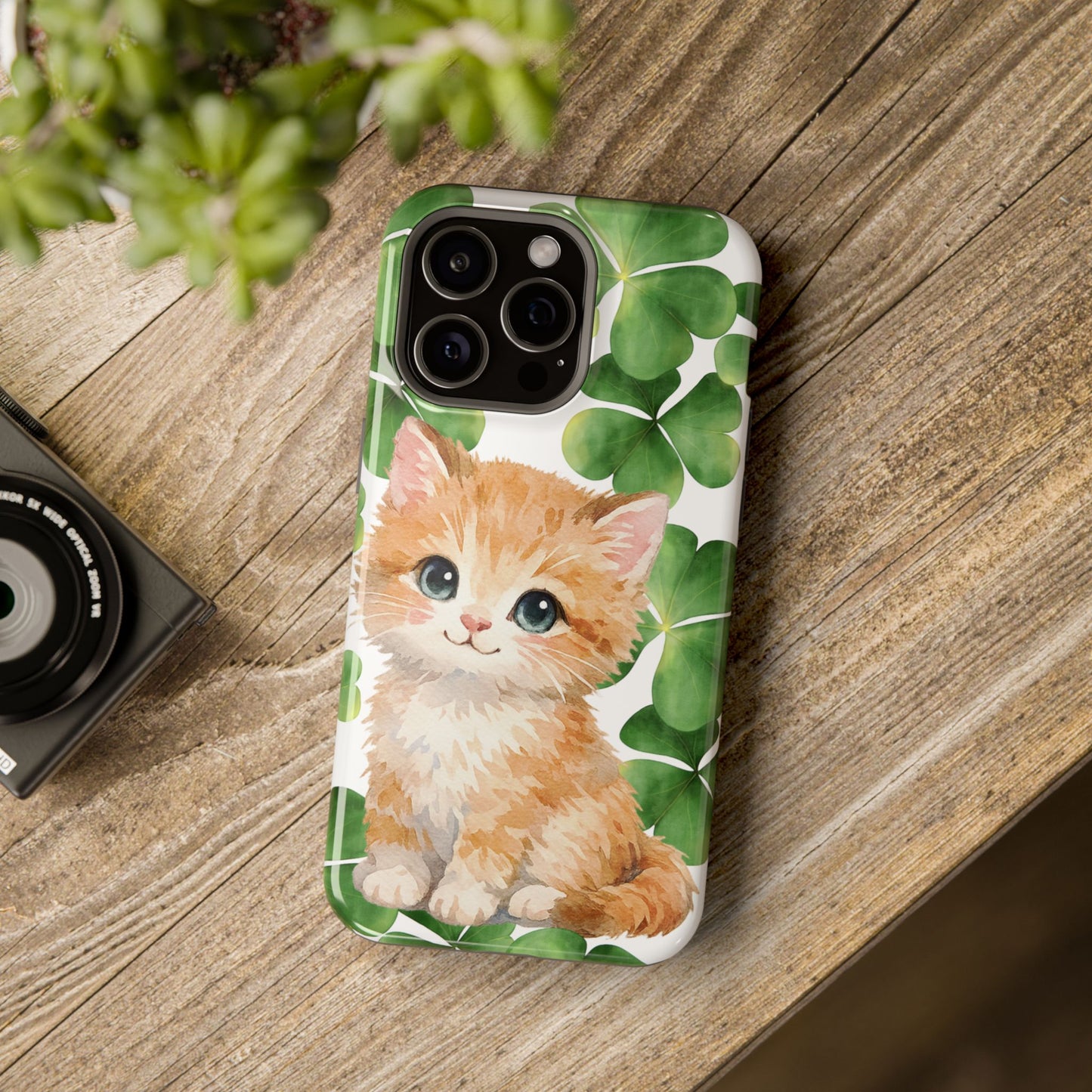 Ginger Kitten Magnetic Phone Case, St Patricks Day Cat Art with Shamrocks, Irish Cat Gift Compatible with iPhone 17, 16, 15, 14, 13