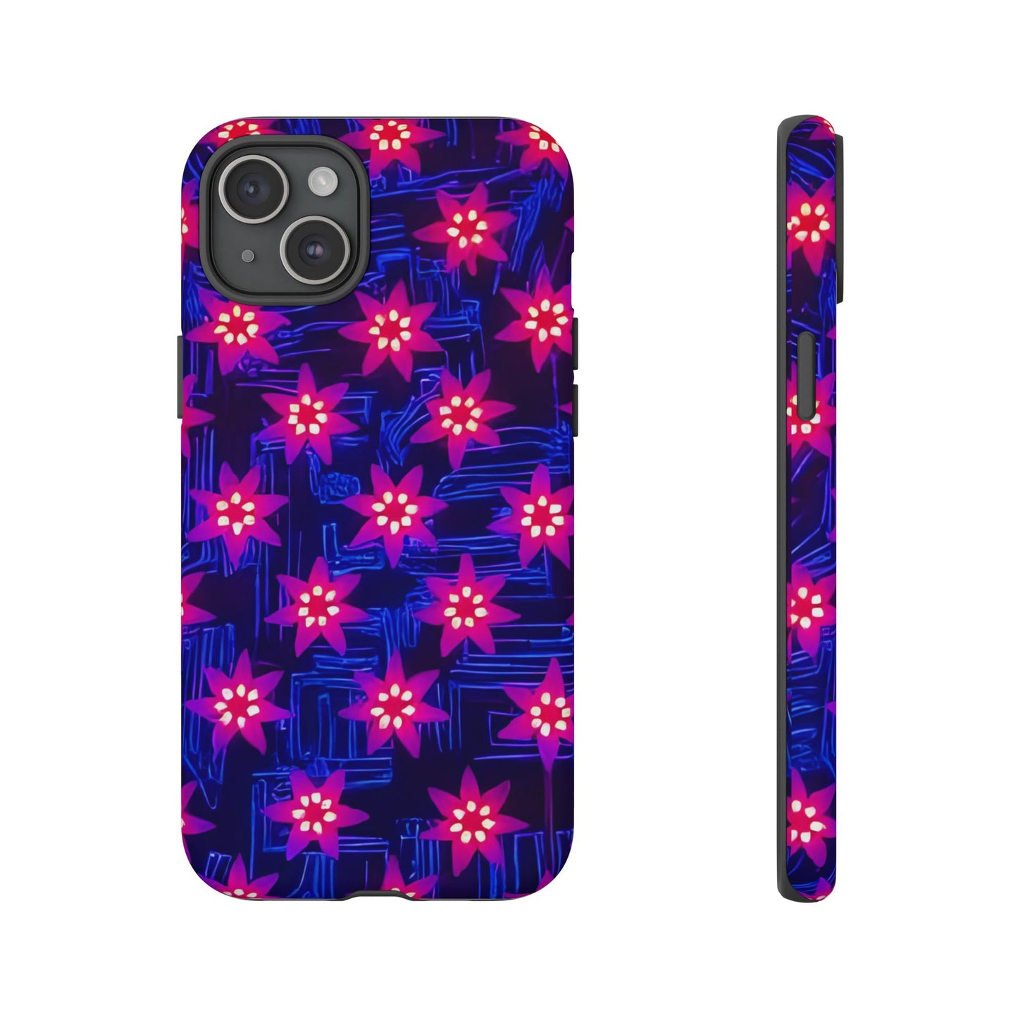 Neon Flower Tough Phone Case - Trippy Dark Floral Art, Electric Glow Aesthetic, Compatible with iPhone, Galaxy, and Google Phones