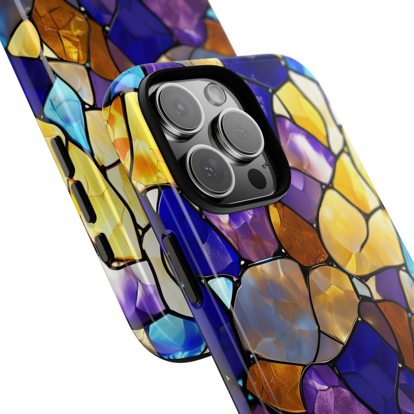 Boho Stained Glass Phone Case iPhone 16 15 14 13 12 11 X 8 7 Samsung Galaxy Pixel Models, Blue and Gold Mosaic Aesthetic Protective Cover