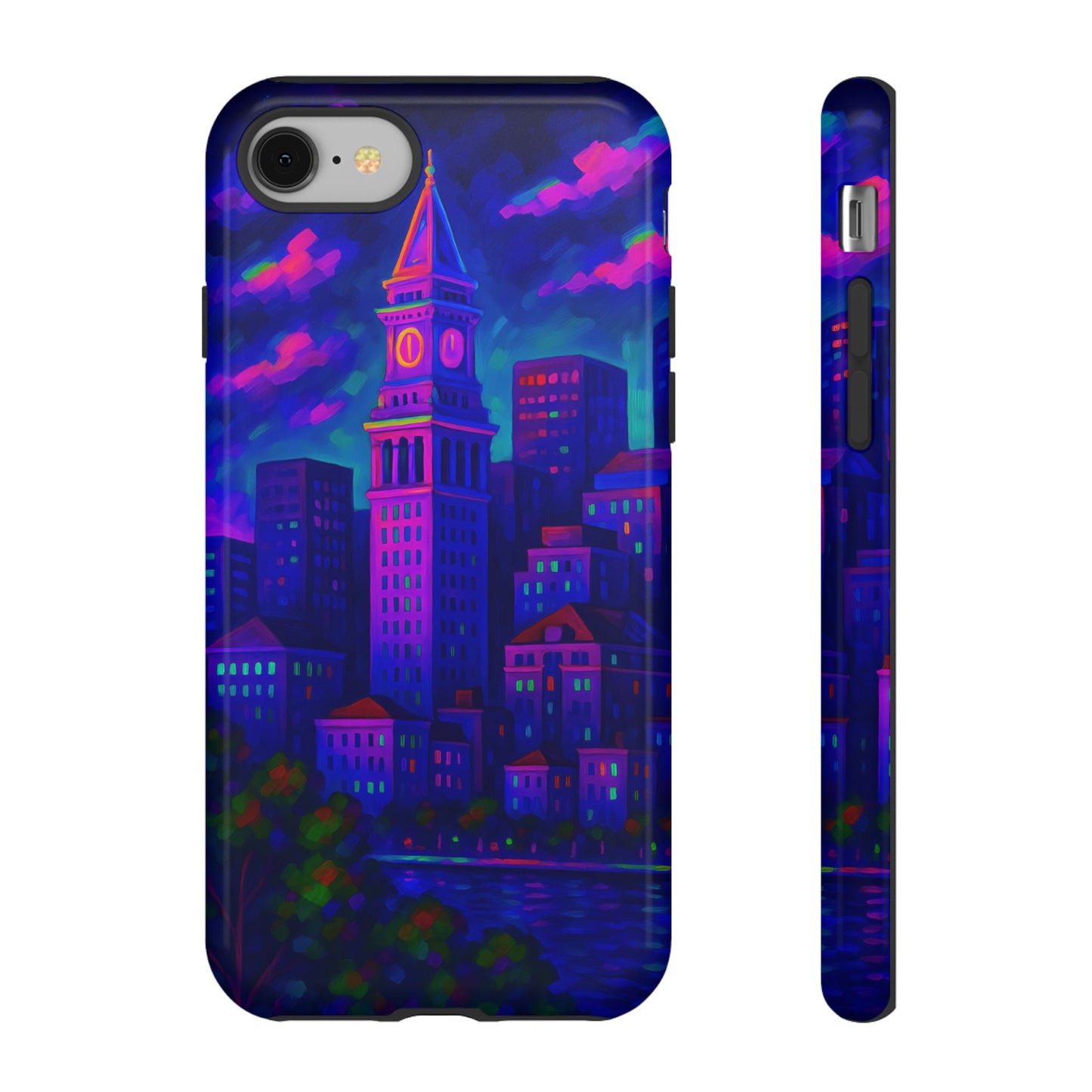 Boston Cityscape Tough Phone Case, Neon Night Skyline, Sunset Tower View Watercolor Urban Art, Compatible with iPhone, Galaxy, Google Phones