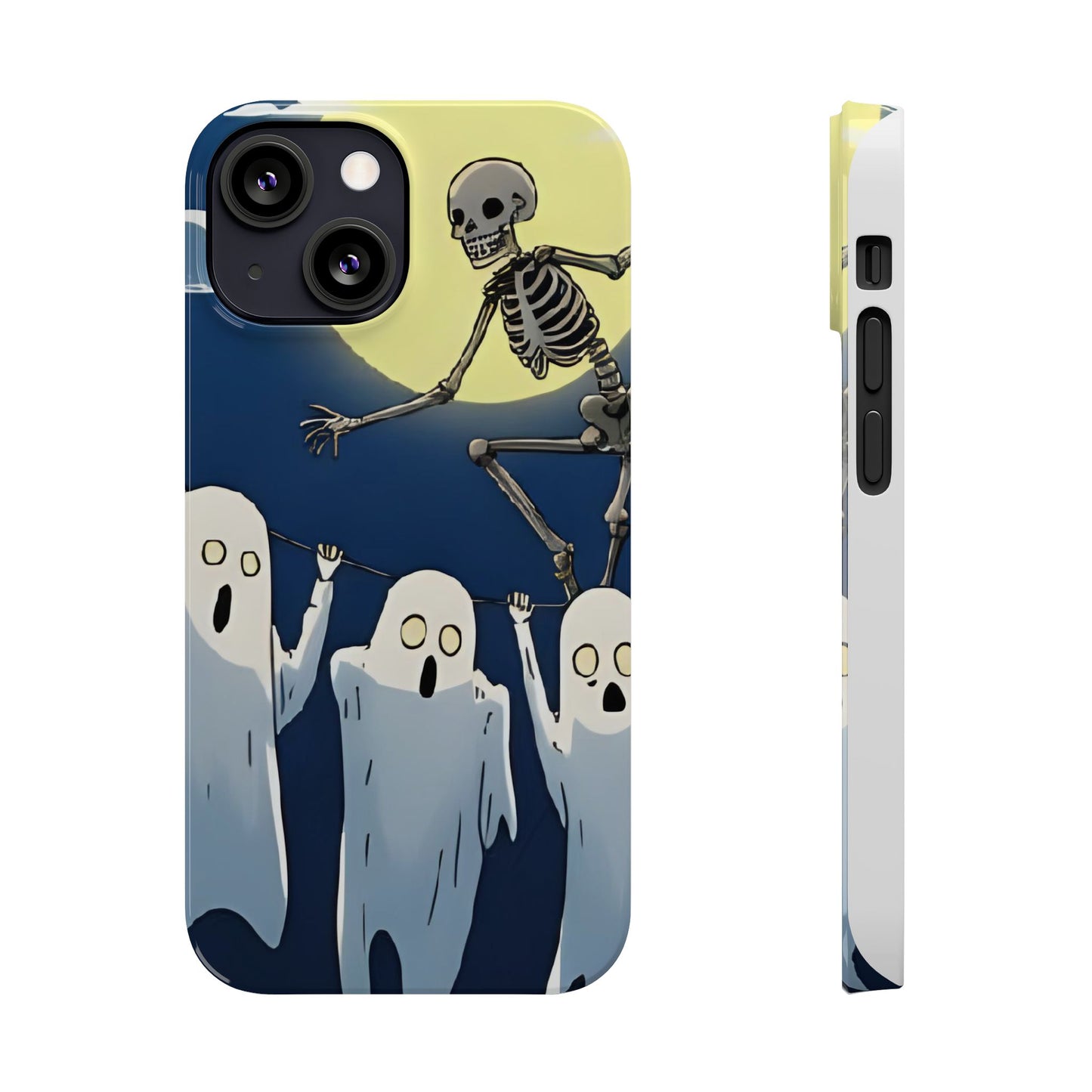 Jumping Skeleton Slim Phone Case - Halloween Aesthetic, Creepy Cute Ghost Cartoon Style, Compatible with iPhone, Galaxy, and Google Phones