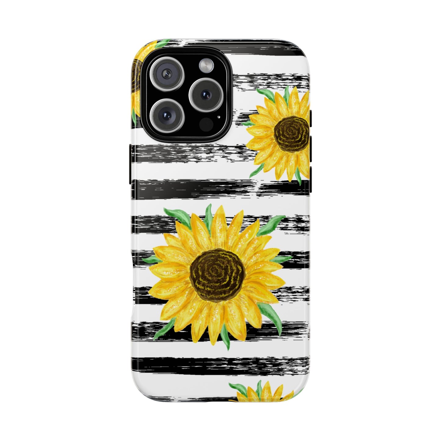 Sunflower Tough Phone Case - Bright Yellow Floral Art, Black and White Striped Aesthetic, Compatible with iPhone, Galaxy, and Google Phones