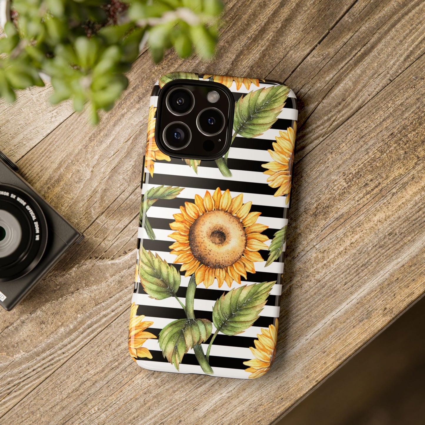 Sunflower Tough Phone Case - Bold Yellow Floral Art, Black and White Striped Aesthetic, Compatible with iPhone, Galaxy, and Google Phones
