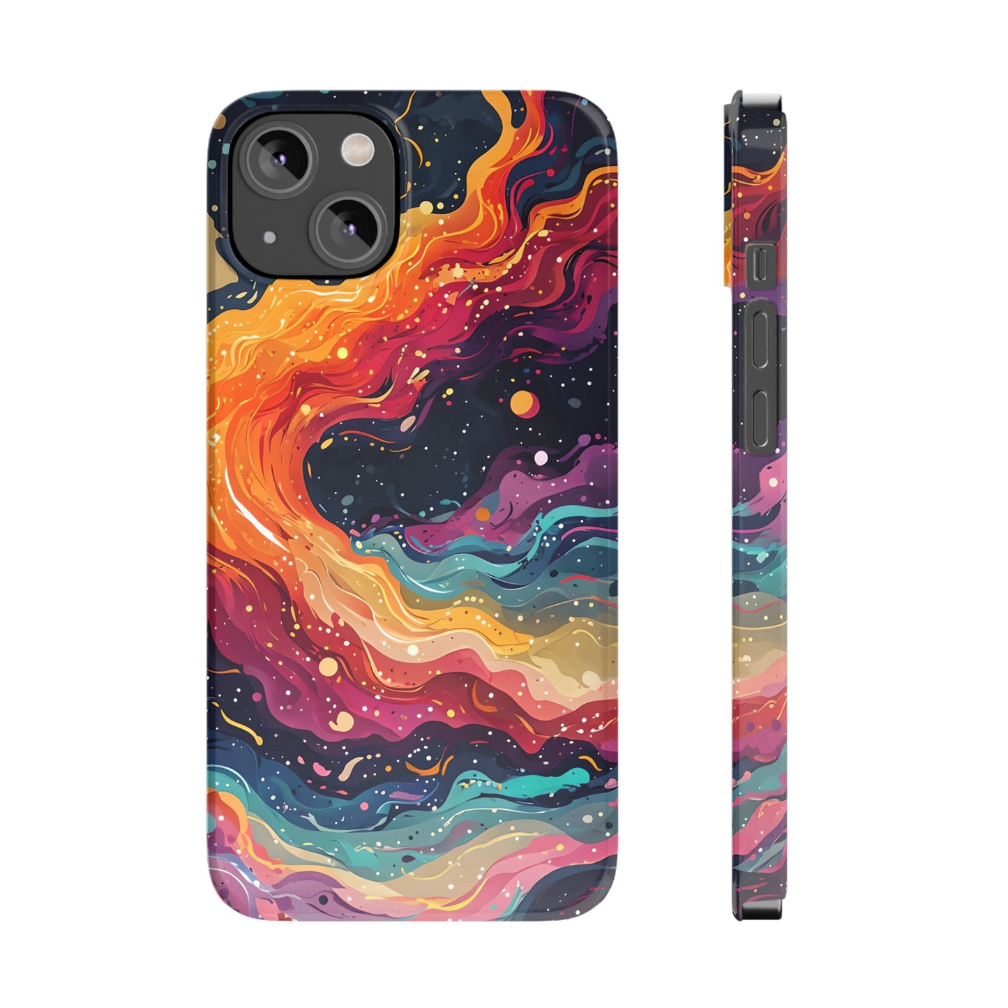 Swirling strokes of neon color — from deep magenta to fiery orange — dance across this celestial phone case. With tiny stars scattered throughout, the design evokes space dust, galaxies in motion, and cosmic energy.