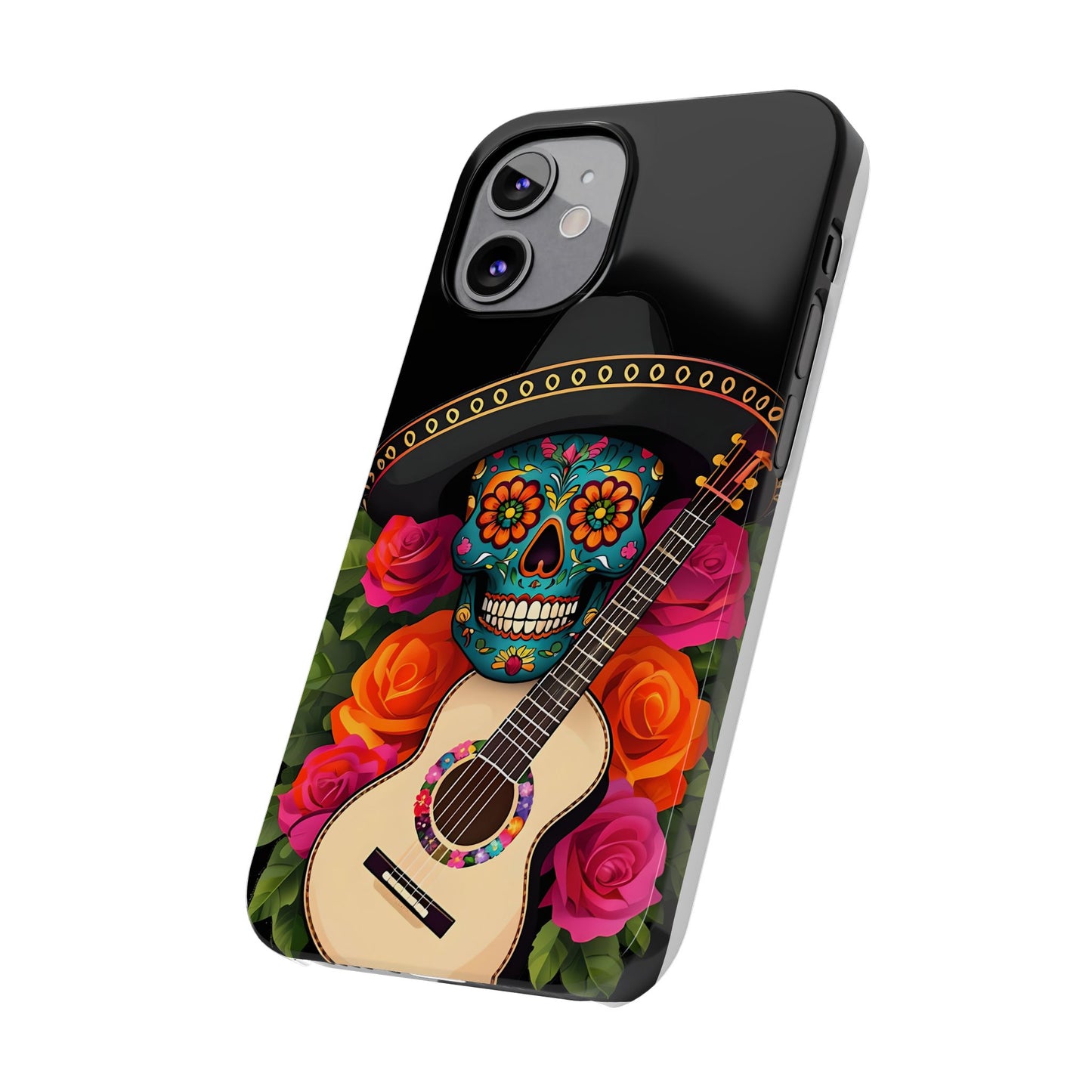 Mariachi Skull Slim Phone Case, Colorful Folk Aesthetic, Halloween Floral Skull Design, Gift for Mexican Culture Lovers
