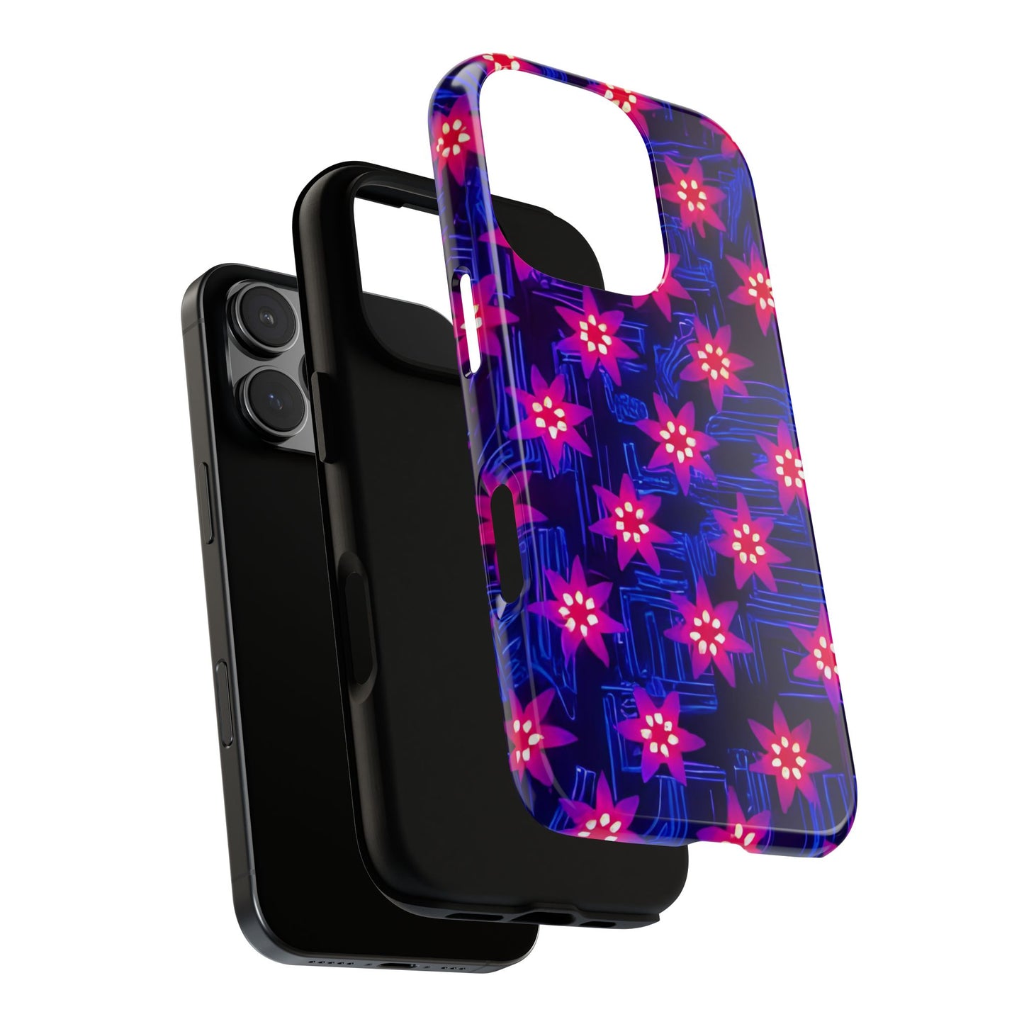 Neon Flower Tough Phone Case - Trippy Dark Floral Art, Electric Glow Aesthetic, Compatible with iPhone, Galaxy, and Google Phones