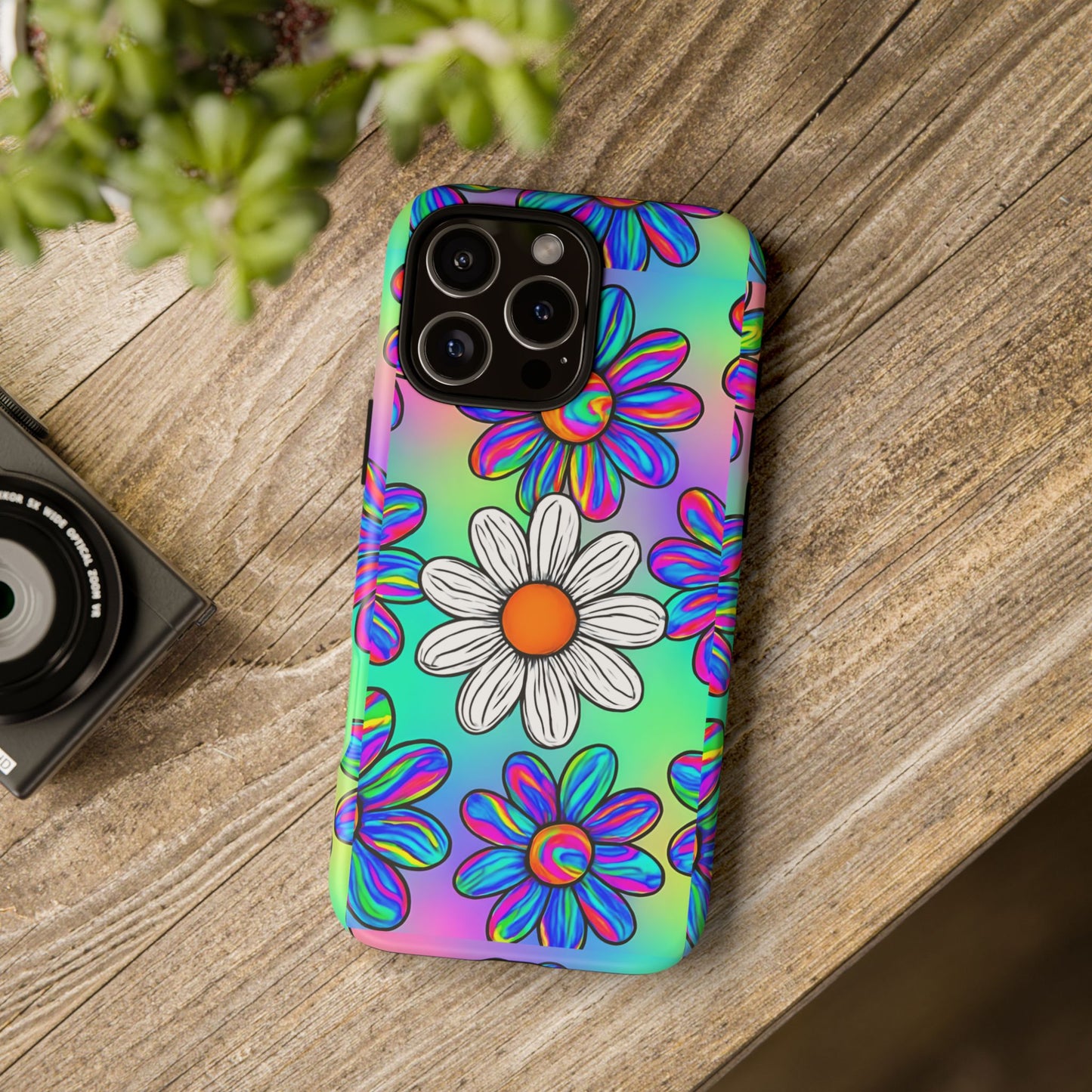 Trippy Daisy Tough Phone Case - Psychedelic Floral Design, Colorful Retro Aesthetic, Compatible with iPhone, Galaxy, and Google Phones