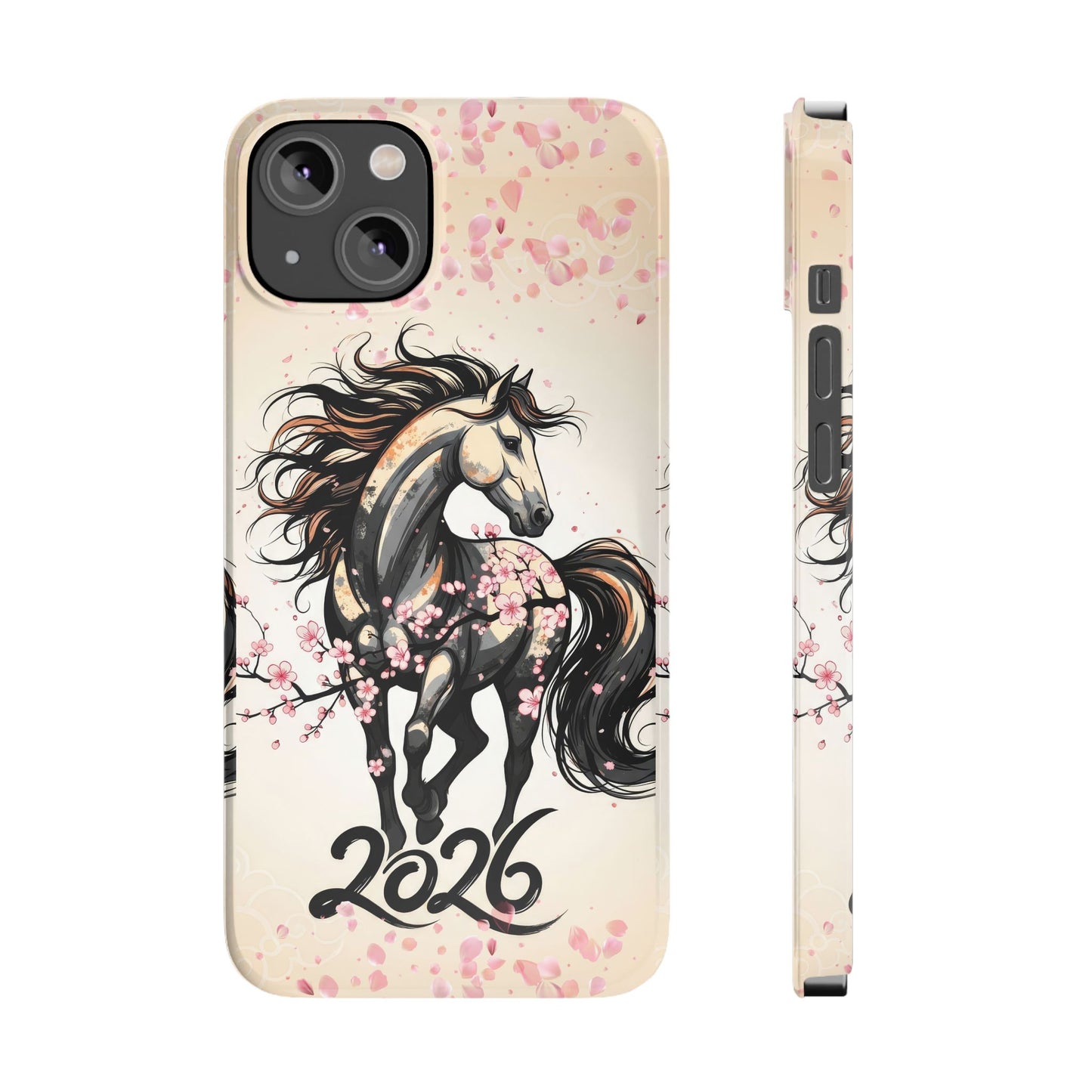 Year of the Horse Floral Art Slim Phone Case, Chinese Zodiac 2026 Design, compatible with iPhone 17 16 15 14 13 12 11