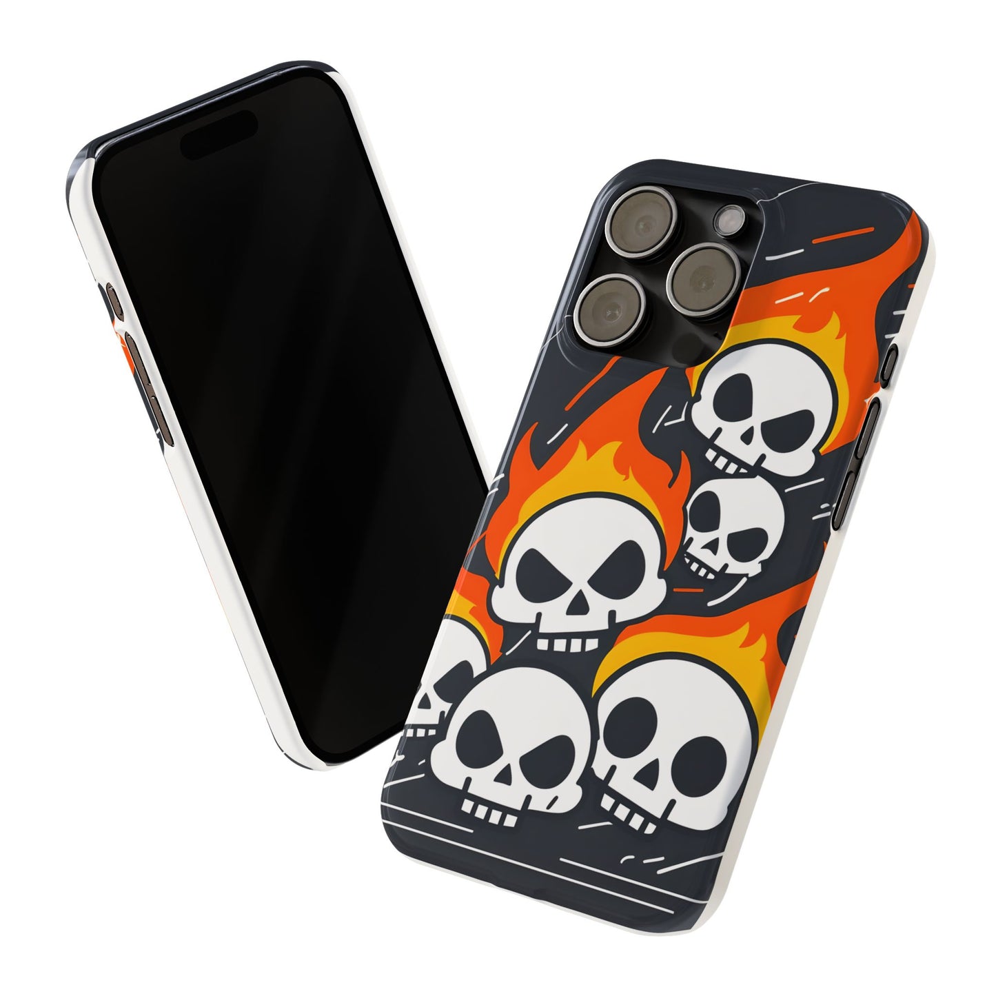 Flaming Skulls Slim Phone Case, Y2K Alt Halloween Aesthetic, Creepy Cute Cartoon Style, Stylish Music Lovers, Perfect Gift for Halloween