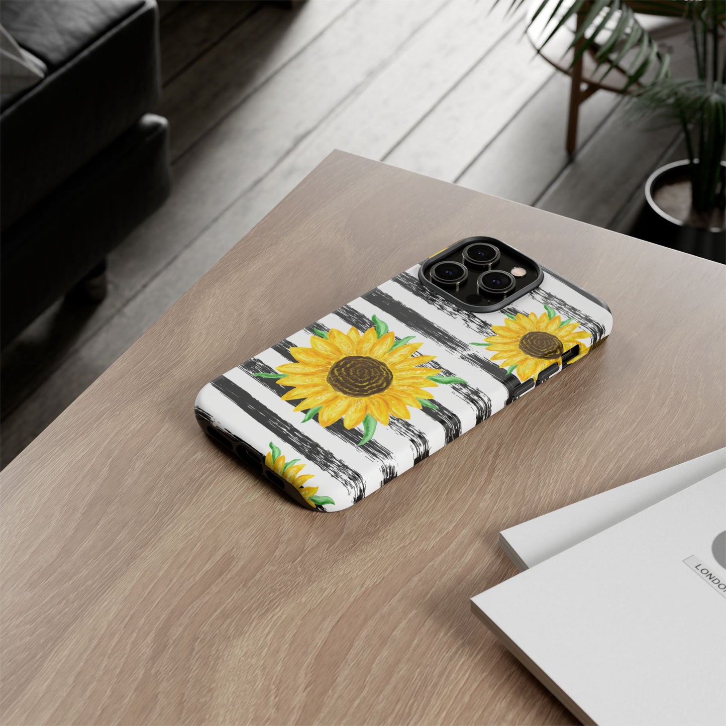 Sunflower Tough Phone Case - Bright Yellow Floral Art, Black and White Striped Aesthetic, Compatible with iPhone, Galaxy, and Google Phones