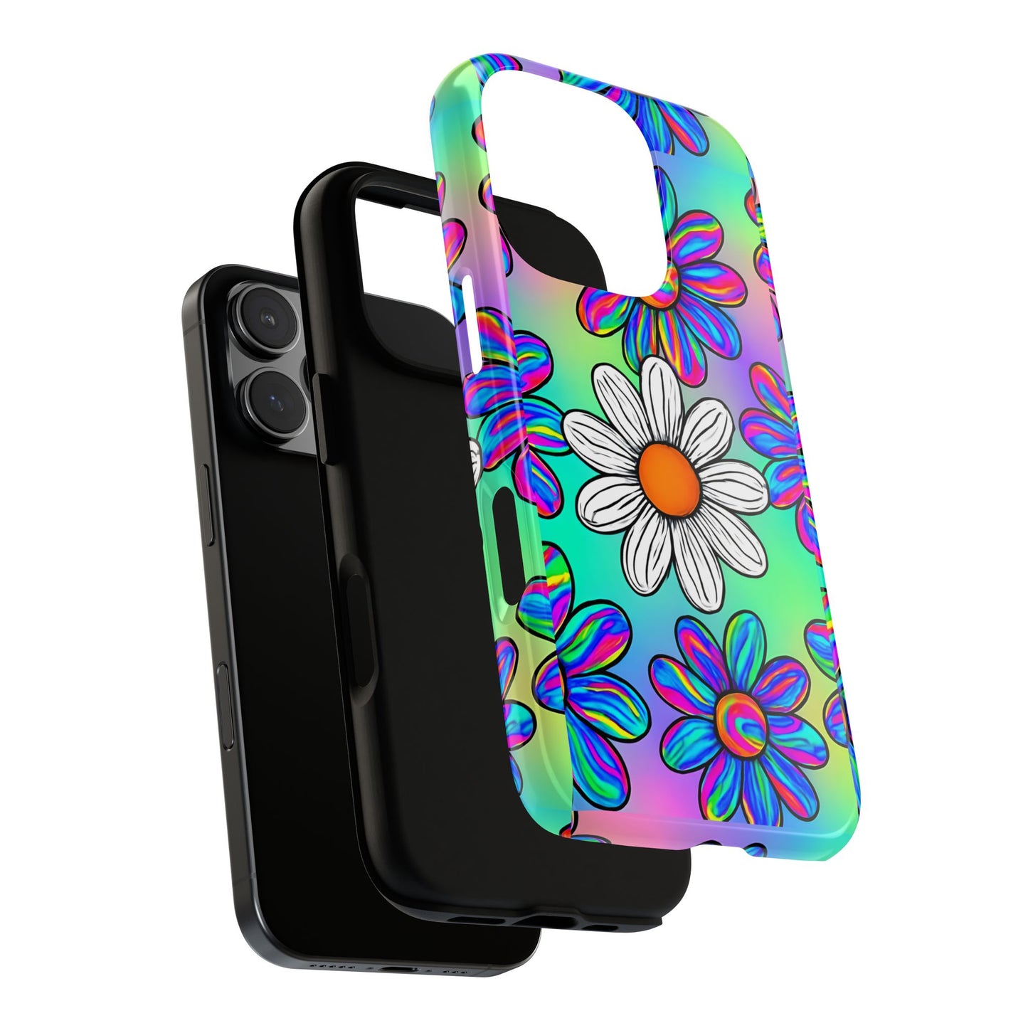 Trippy Daisy Tough Phone Case - Psychedelic Floral Design, Colorful Retro Aesthetic, Compatible with iPhone, Galaxy, and Google Phones