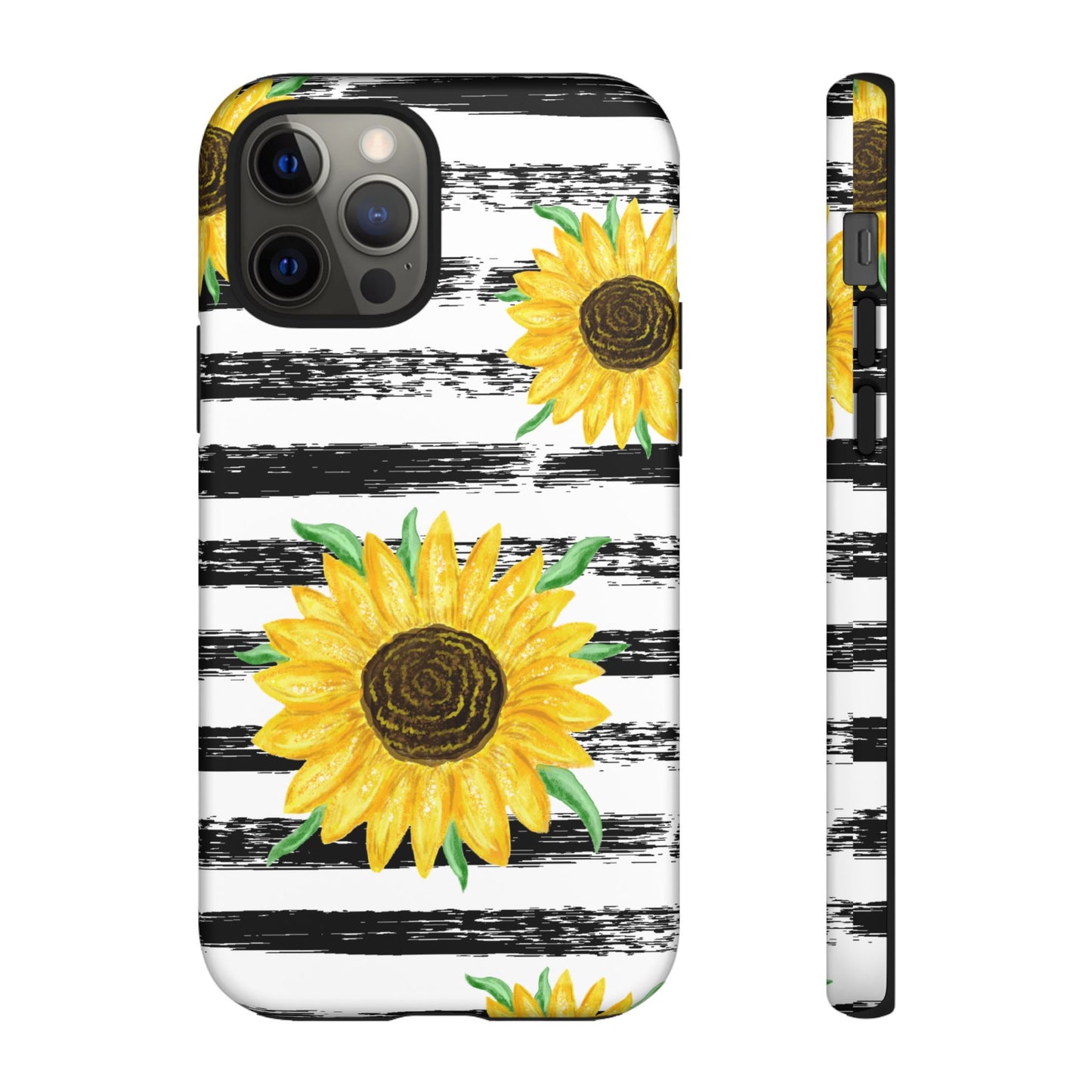 Sunflower Tough Phone Case - Bright Yellow Floral Art, Black and White Striped Aesthetic, Compatible with iPhone, Galaxy, and Google Phones