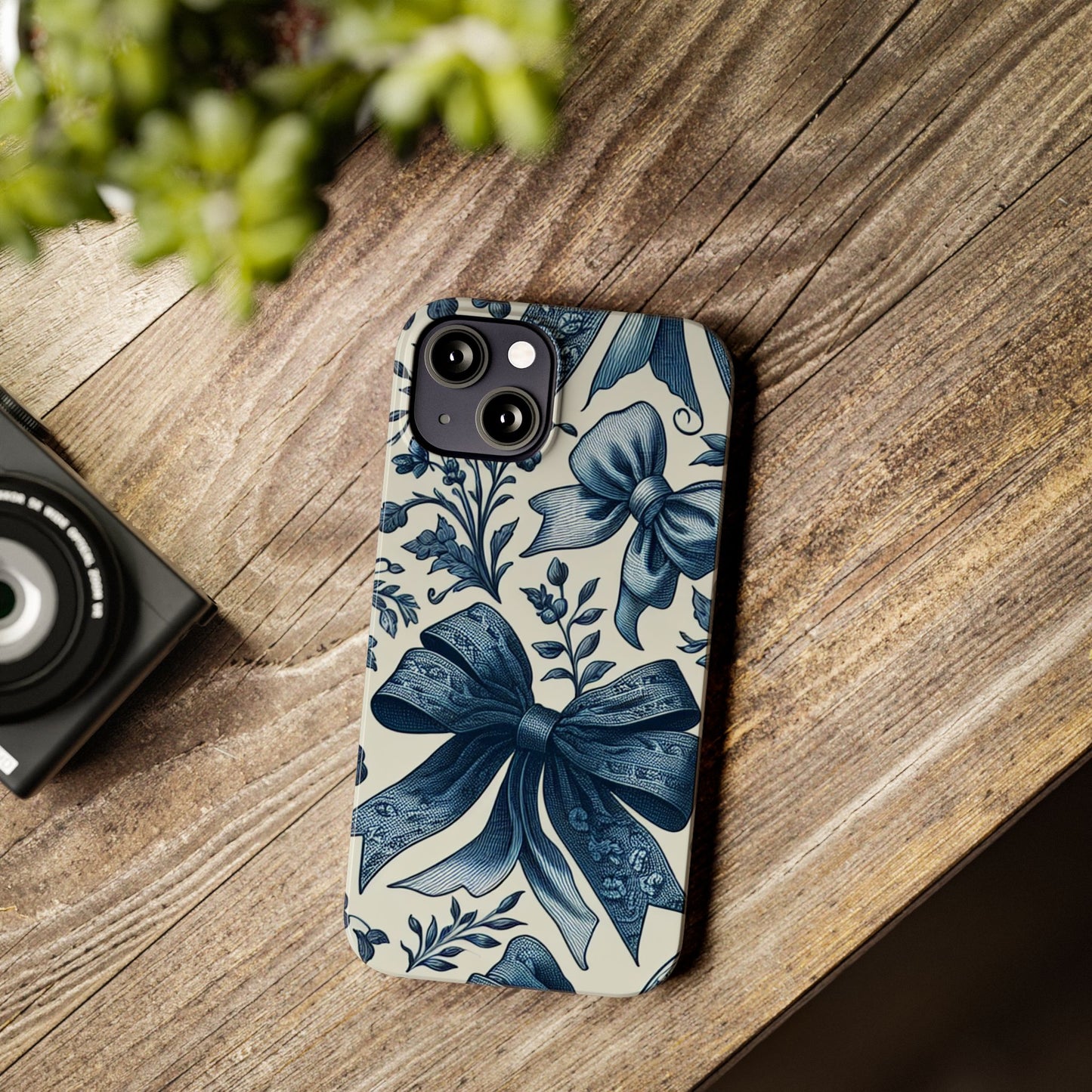 Elegant Floral Bow Slim Phone Case, Blue Flower Phone Cover, Gift for Her, Stylish Tech Accessory, Wedding Gift, Floral Design