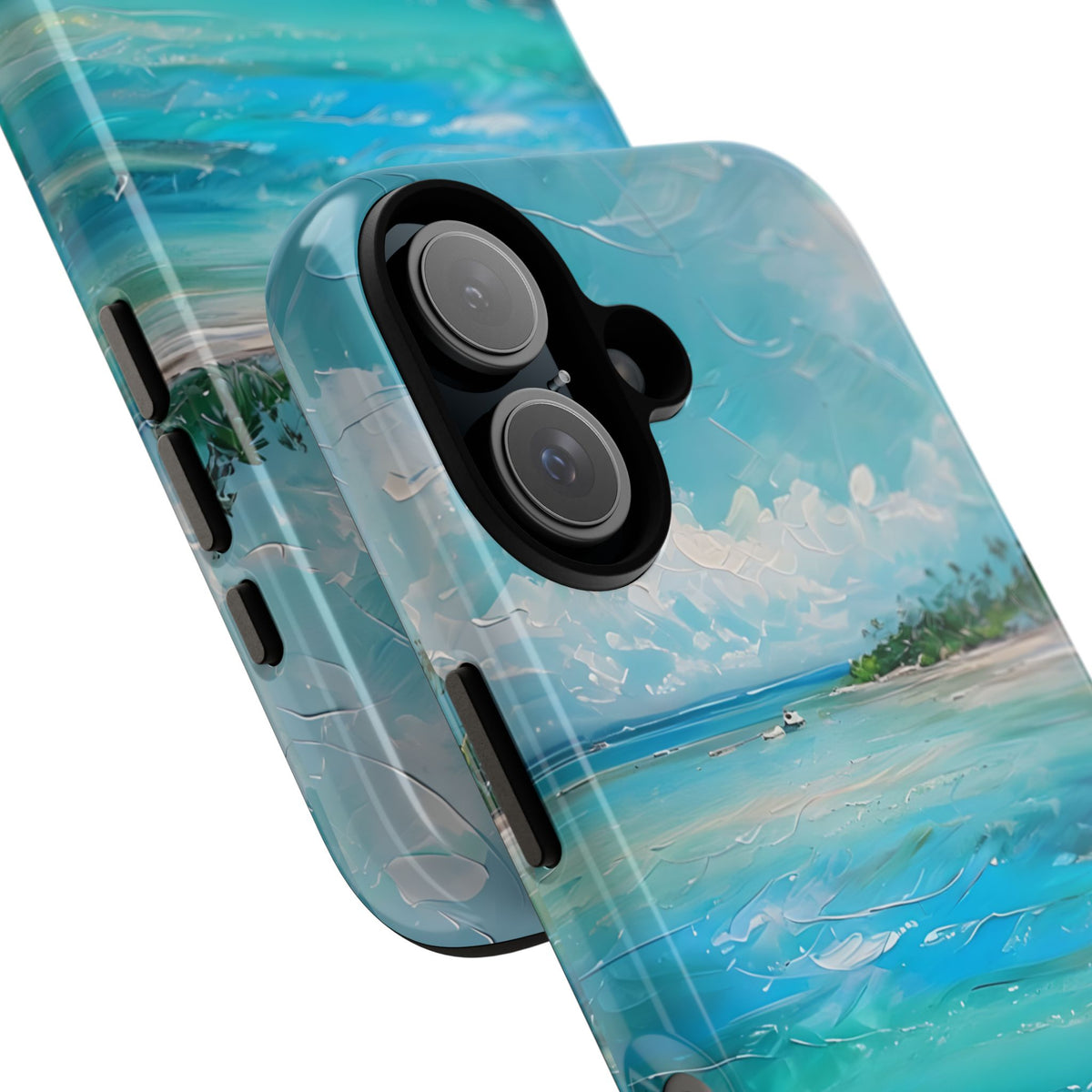 Tropical Beach Scenery Tough Phone Case, Oil Painting Phone Cover, Turquoise Ocean Compatible with iPhone 17, 16, 15, 14, 13, Galaxy, Google