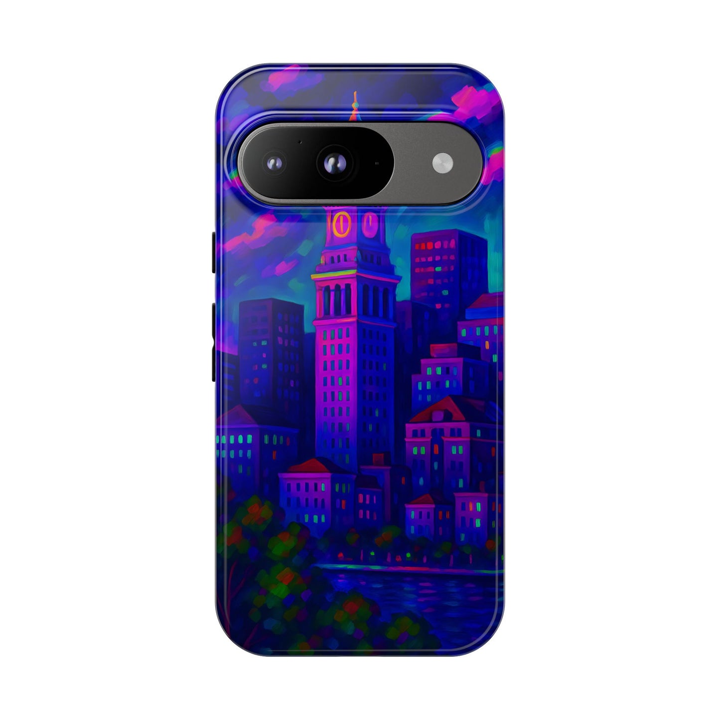 Boston Cityscape Tough Phone Case, Neon Night Skyline, Sunset Tower View Watercolor Urban Art, Compatible with iPhone, Galaxy, Google Phones