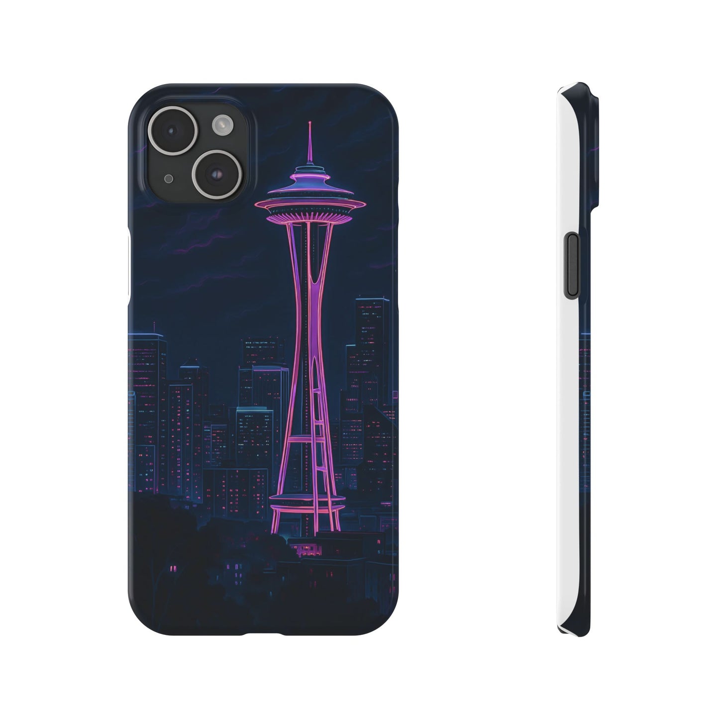 Seattle Cityscape Slim Phone Case, Watercolor Day-Neon Night Skyline Art, Urban Travel Aesthetic Compatible with iPhone, Galaxy, and Google