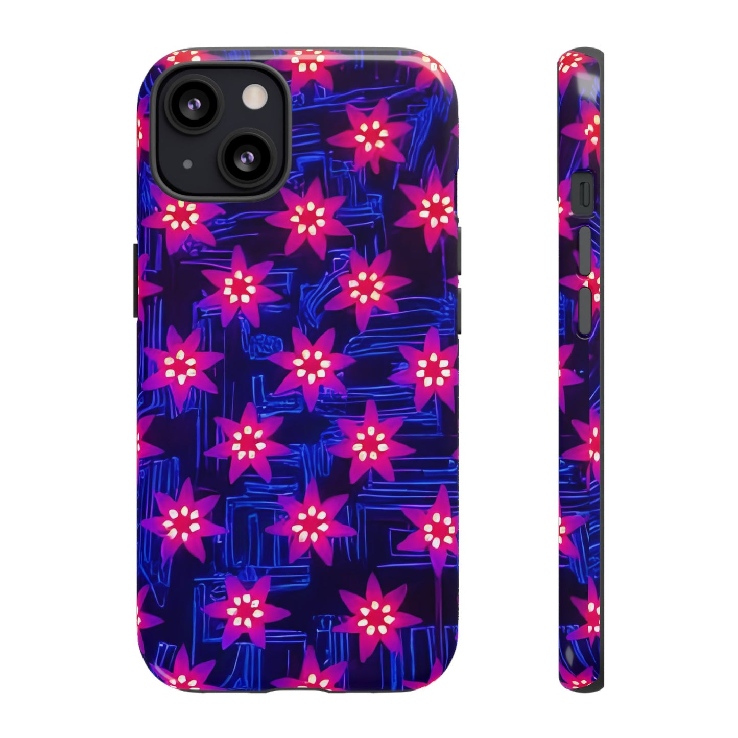 Neon Flower Tough Phone Case - Trippy Dark Floral Art, Electric Glow Aesthetic, Compatible with iPhone, Galaxy, and Google Phones