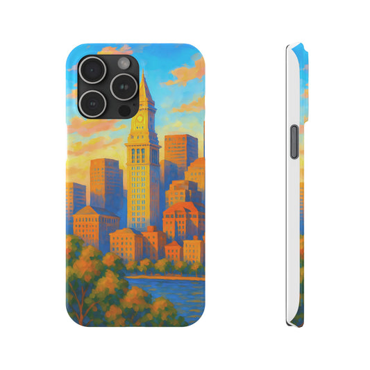 Boston Cityscape Slim Phone Case, Neon Night Skyline, Sunset Tower View Watercolor Urban Art, Compatible with iPhone, Galaxy, Google Phones