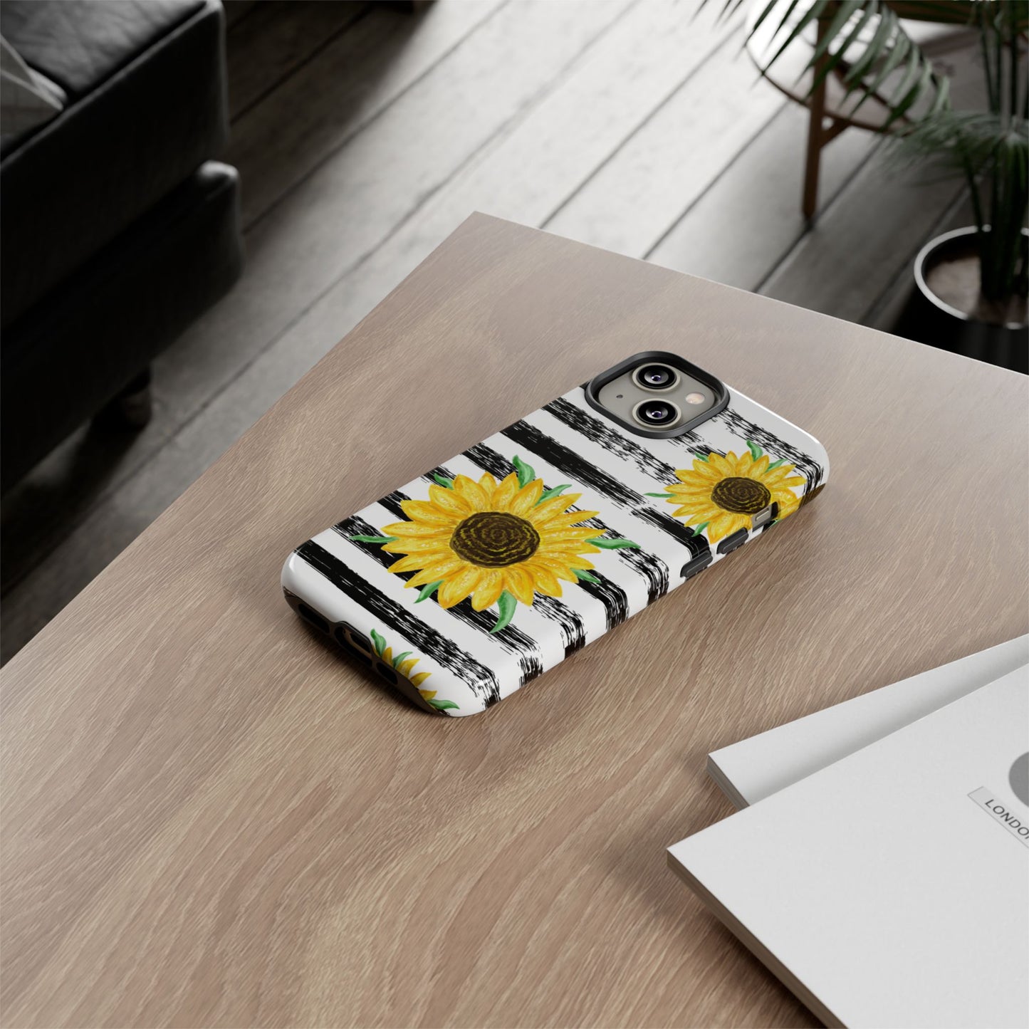 Sunflower Tough Phone Case - Bright Yellow Floral Art, Black and White Striped Aesthetic, Compatible with iPhone, Galaxy, and Google Phones