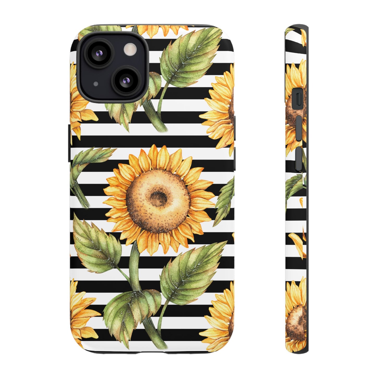 Sunflower Tough Phone Case - Bold Yellow Floral Art, Black and White Striped Aesthetic, Compatible with iPhone, Galaxy, and Google Phones