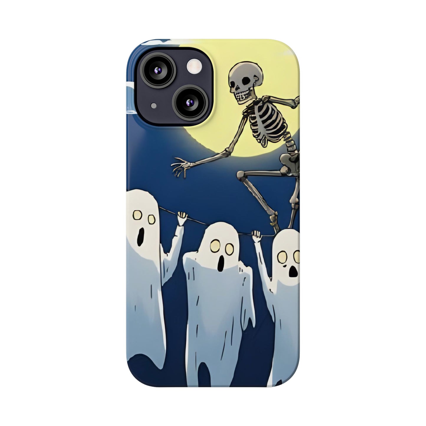 Jumping Skeleton Slim Phone Case - Halloween Aesthetic, Creepy Cute Ghost Cartoon Style, Compatible with iPhone, Galaxy, and Google Phones