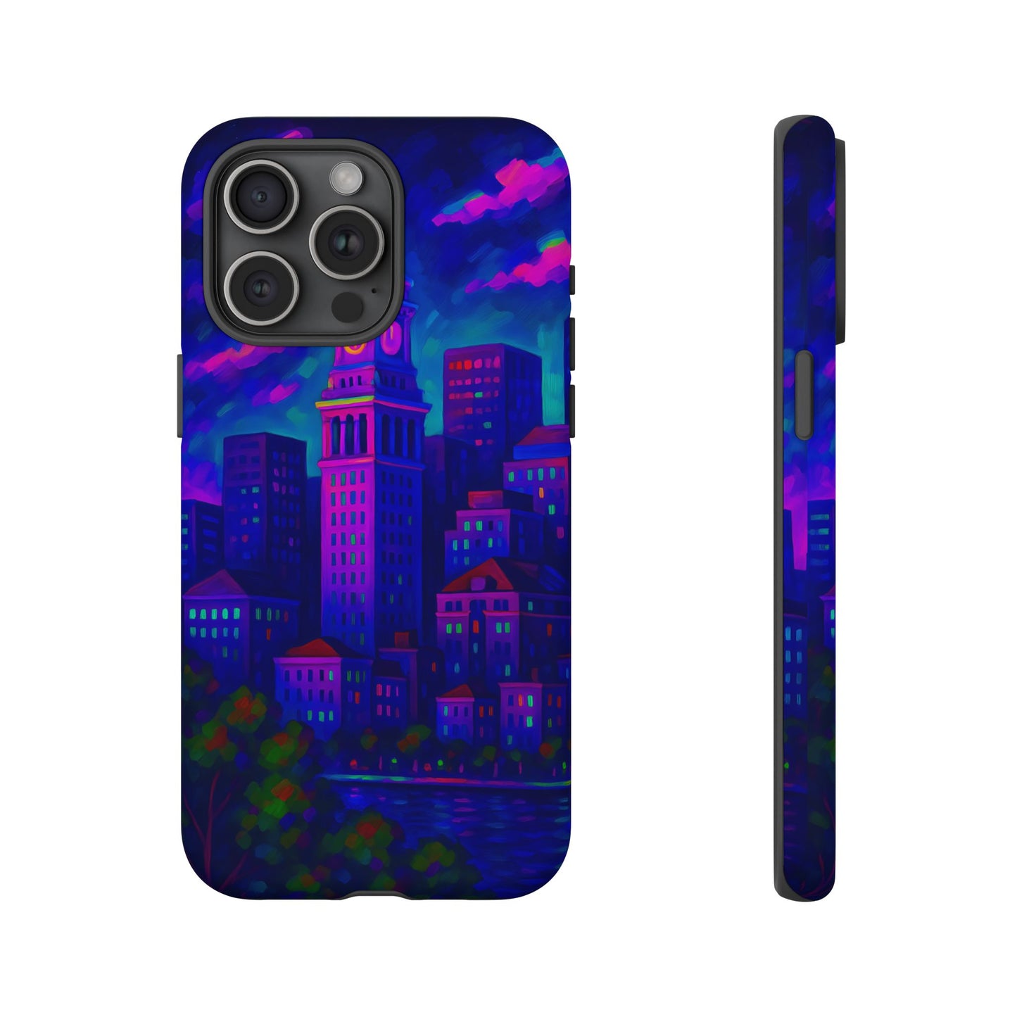 Boston Cityscape Tough Phone Case, Neon Night Skyline, Sunset Tower View Watercolor Urban Art, Compatible with iPhone, Galaxy, Google Phones