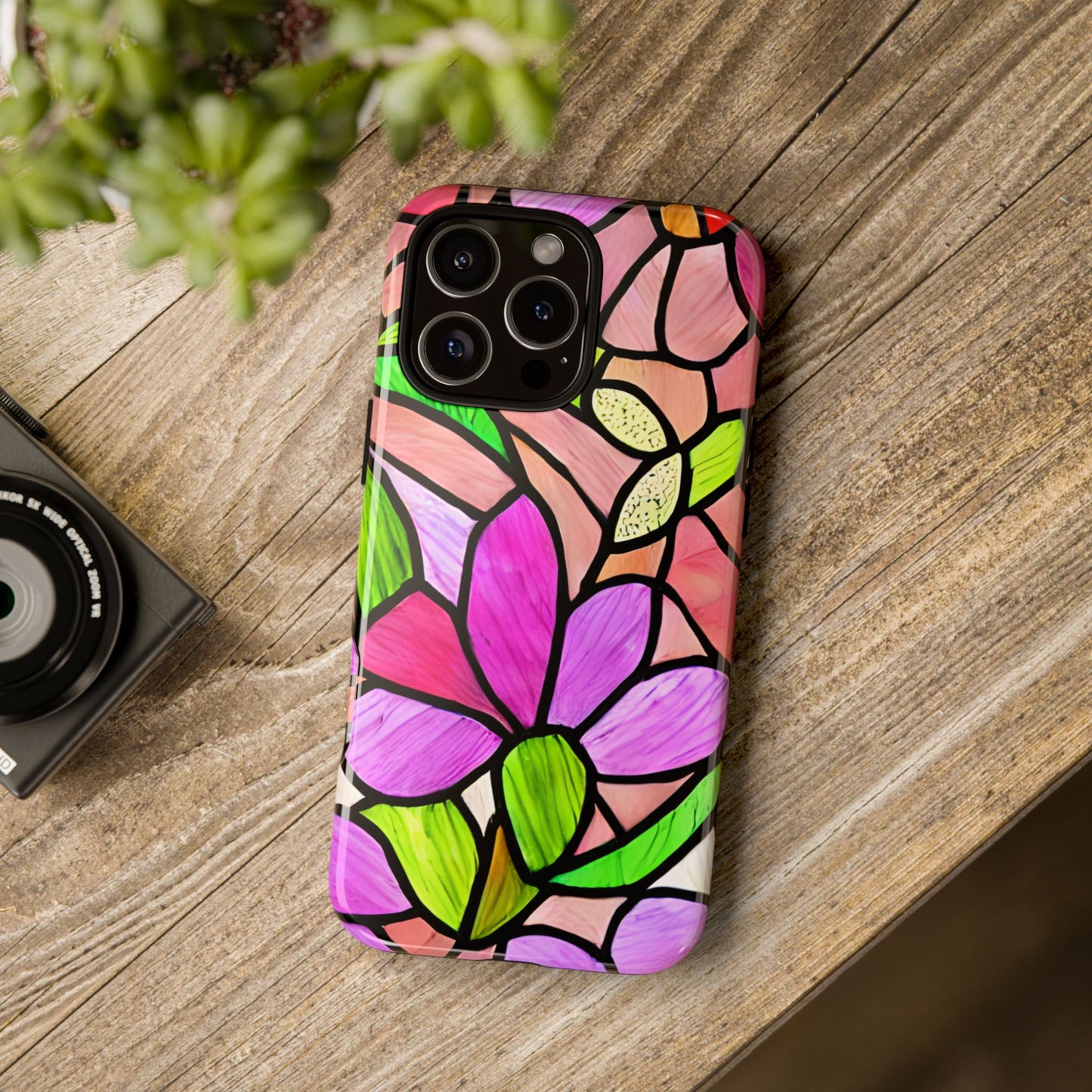 Stained Glass Floral Tough Phone Case - compatible with iPhone 15 14 13 12 11 X, Samsung Galaxy, Google Pixel- Artistic Flower Pattern Cover