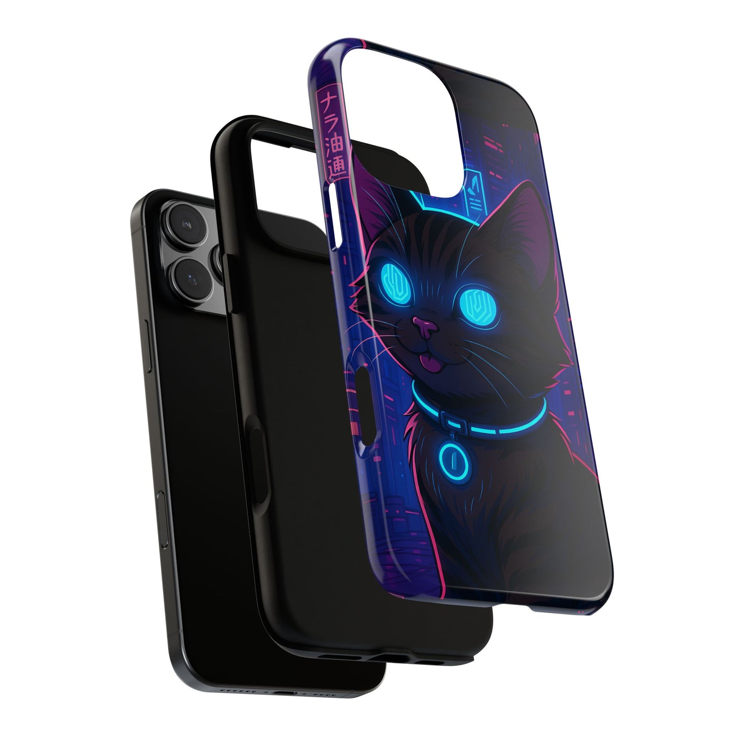 Cyberpunk Cat Tough Phone Case - Vaporwave Anime Kitty Design, Futuristic Neon Aesthetic, Compatible with iPhone, Galaxy, and Google Phones
