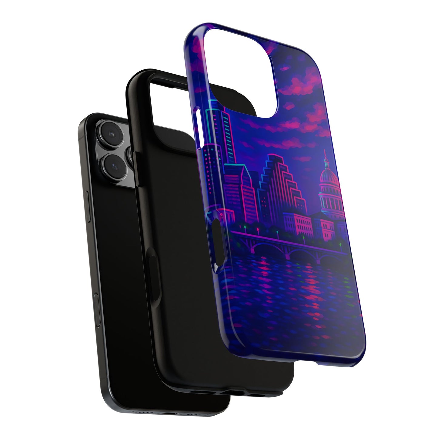 Cityscape Tough Phone Case, Austin Texas Skyline Phone Cover, Neon Night Design Compatible with iPhone, Galaxy & Google