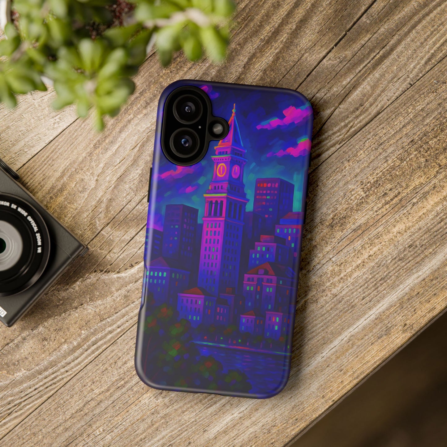Boston Cityscape Tough Phone Case, Neon Night Skyline, Sunset Tower View Watercolor Urban Art, Compatible with iPhone, Galaxy, Google Phones