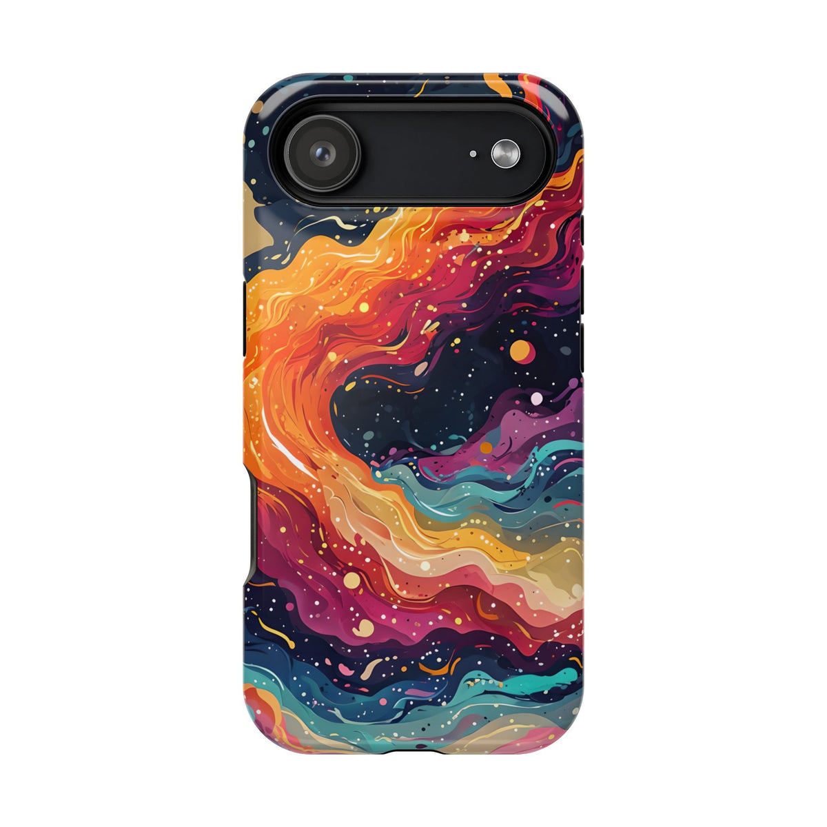 A dreamy mix of orange, blue, pink, and violet wave patterns float over a black night sky in this psychedelic abstract tough phone case. The celestial art vibe makes it a favorite for astrology and sci-fi lovers.