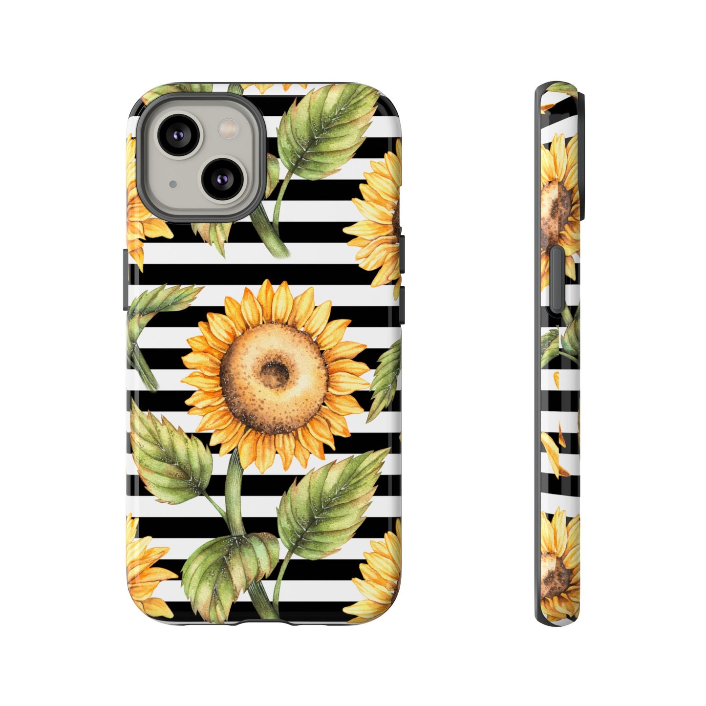 Sunflower Tough Phone Case - Bold Yellow Floral Art, Black and White Striped Aesthetic, Compatible with iPhone, Galaxy, and Google Phones